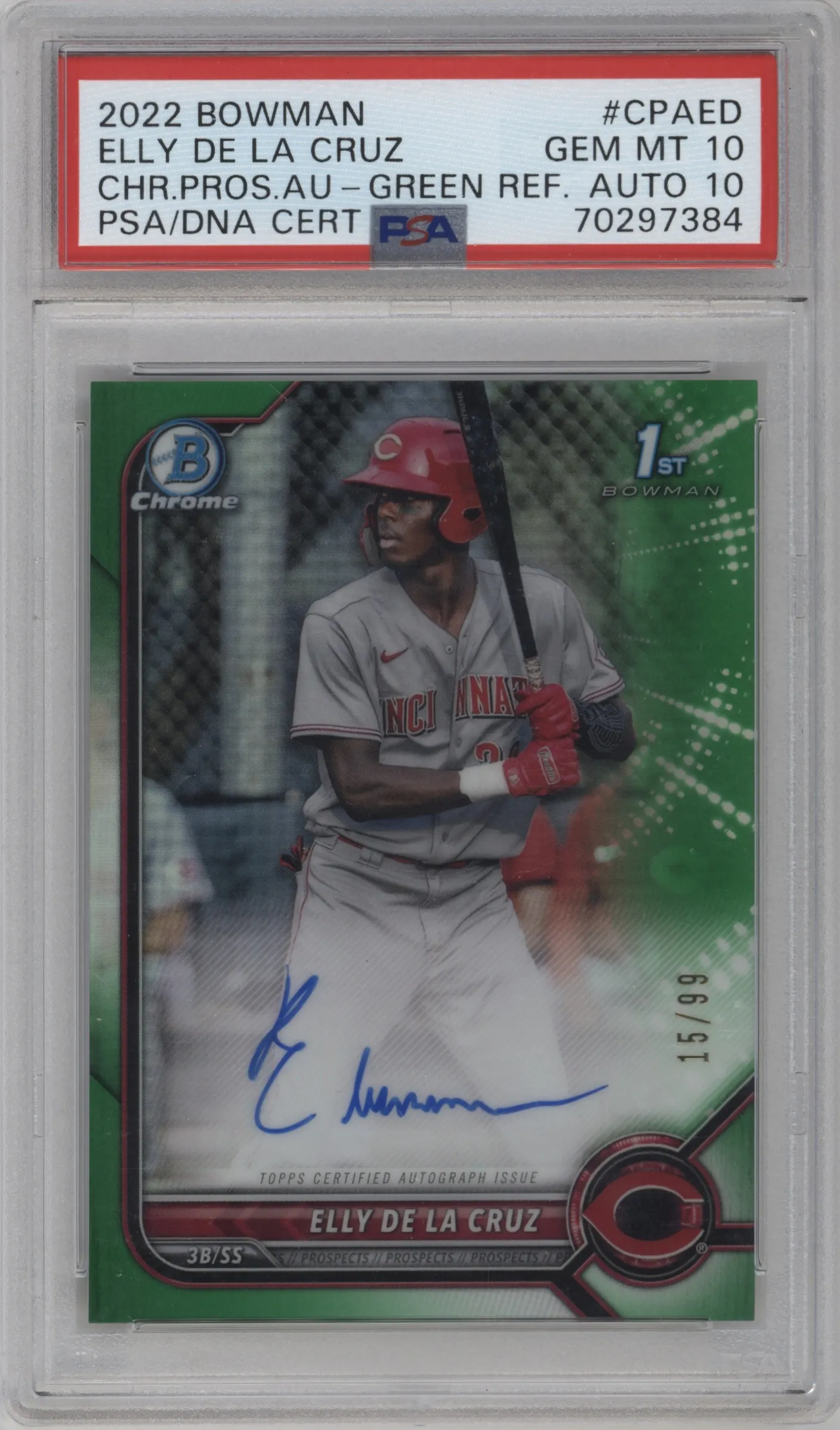 2022 Bowman Chr.Pros.Auto Elly De La Cruz Green Refractor #CPA-ED PSA 10