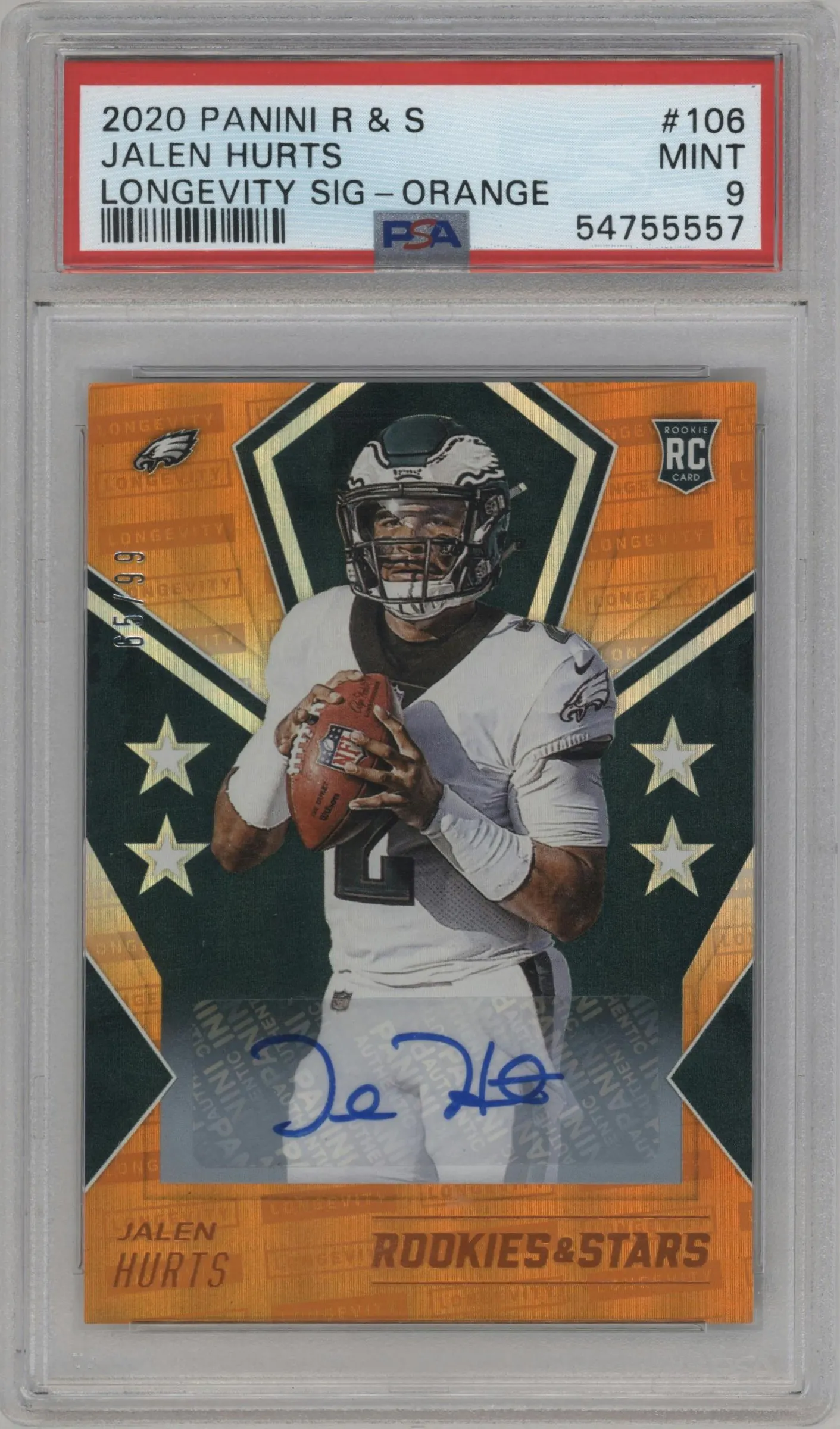 2020 Panini Rookies & Stars Rke.Longevity Sig. Jalen Hurts Orange #106 PSA 9