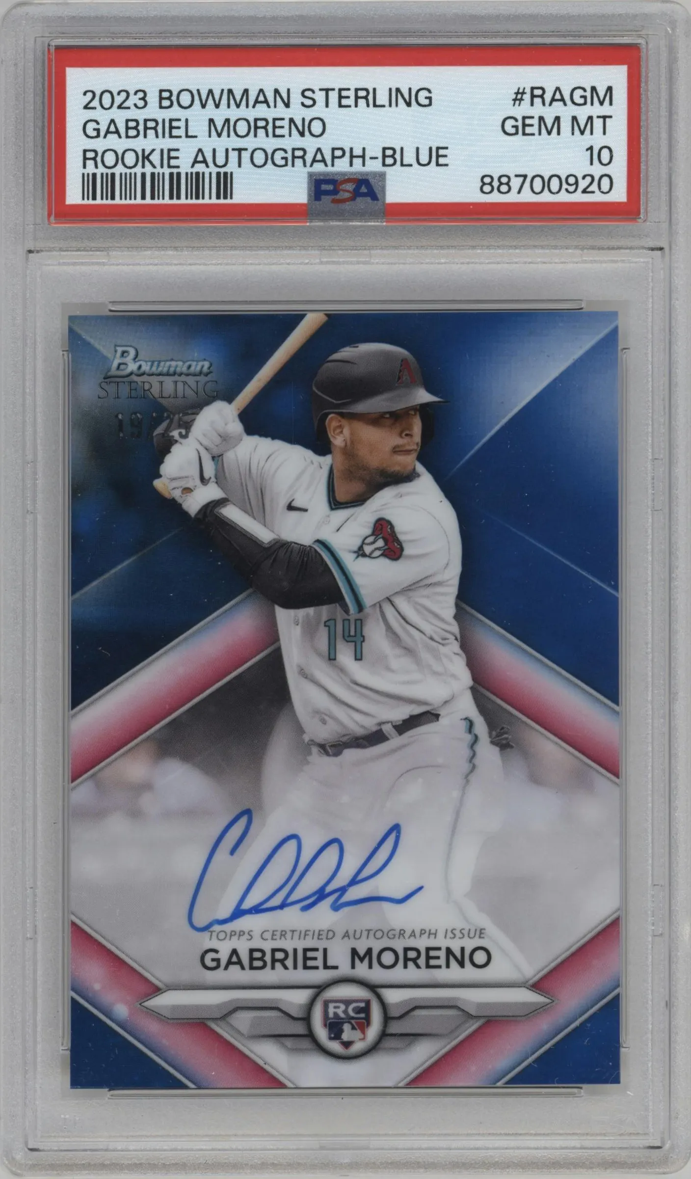 2023 Bowman Sterling Rke.Auto Gabriel Moreno Blue Refractor #RA-GM PSA 10