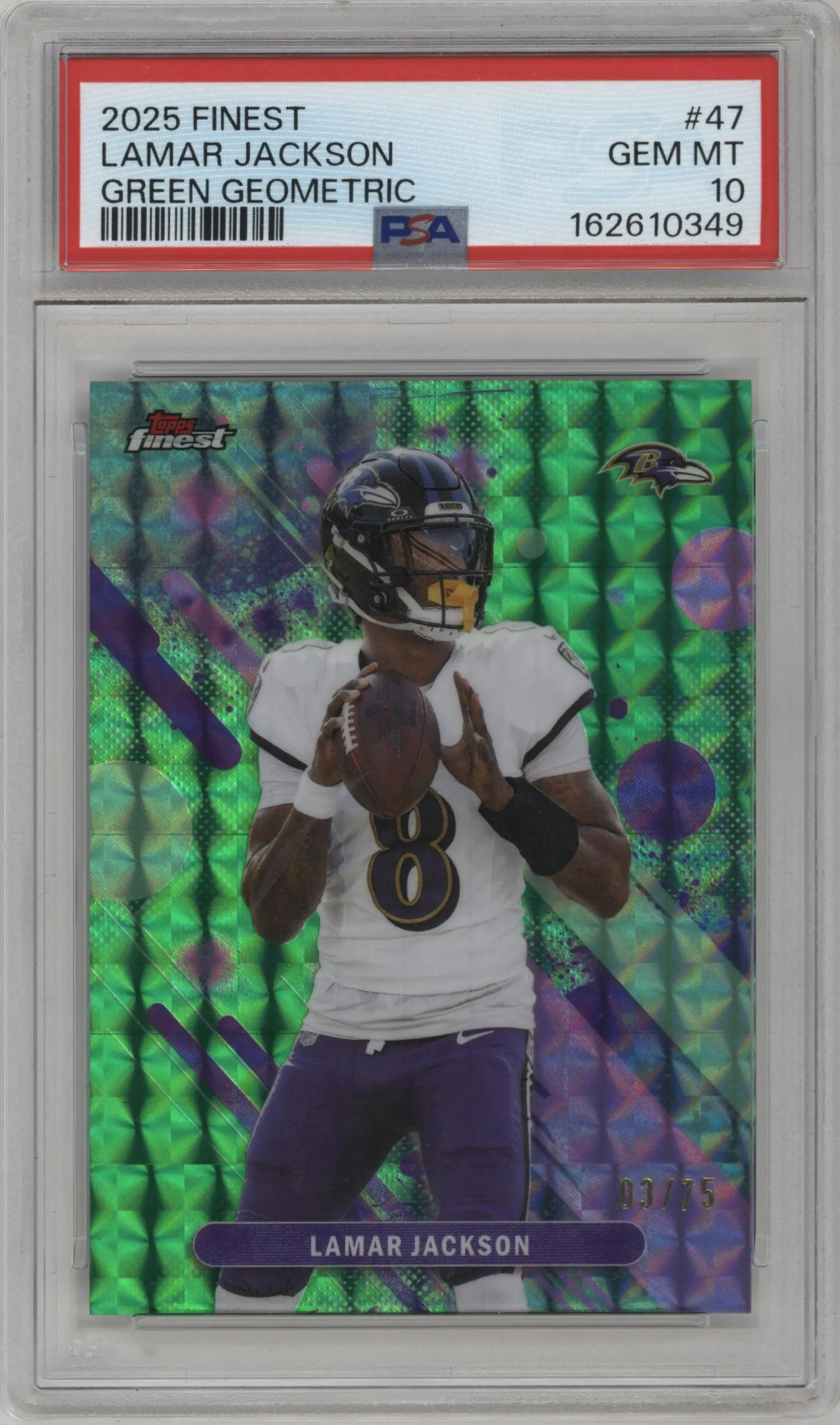 2025 Topps Finest Lamar Jackson Green Geometric Refractor #47 PSA 10