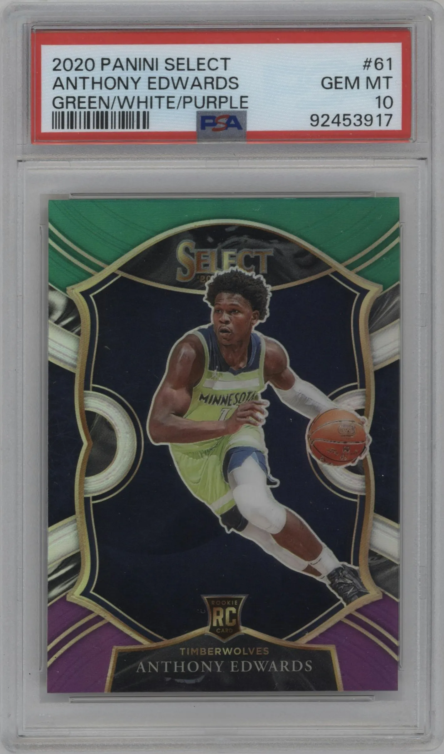 2020 Panini Select Anthony Edwards Green/White/Purple Prizm #61 PSA 10
