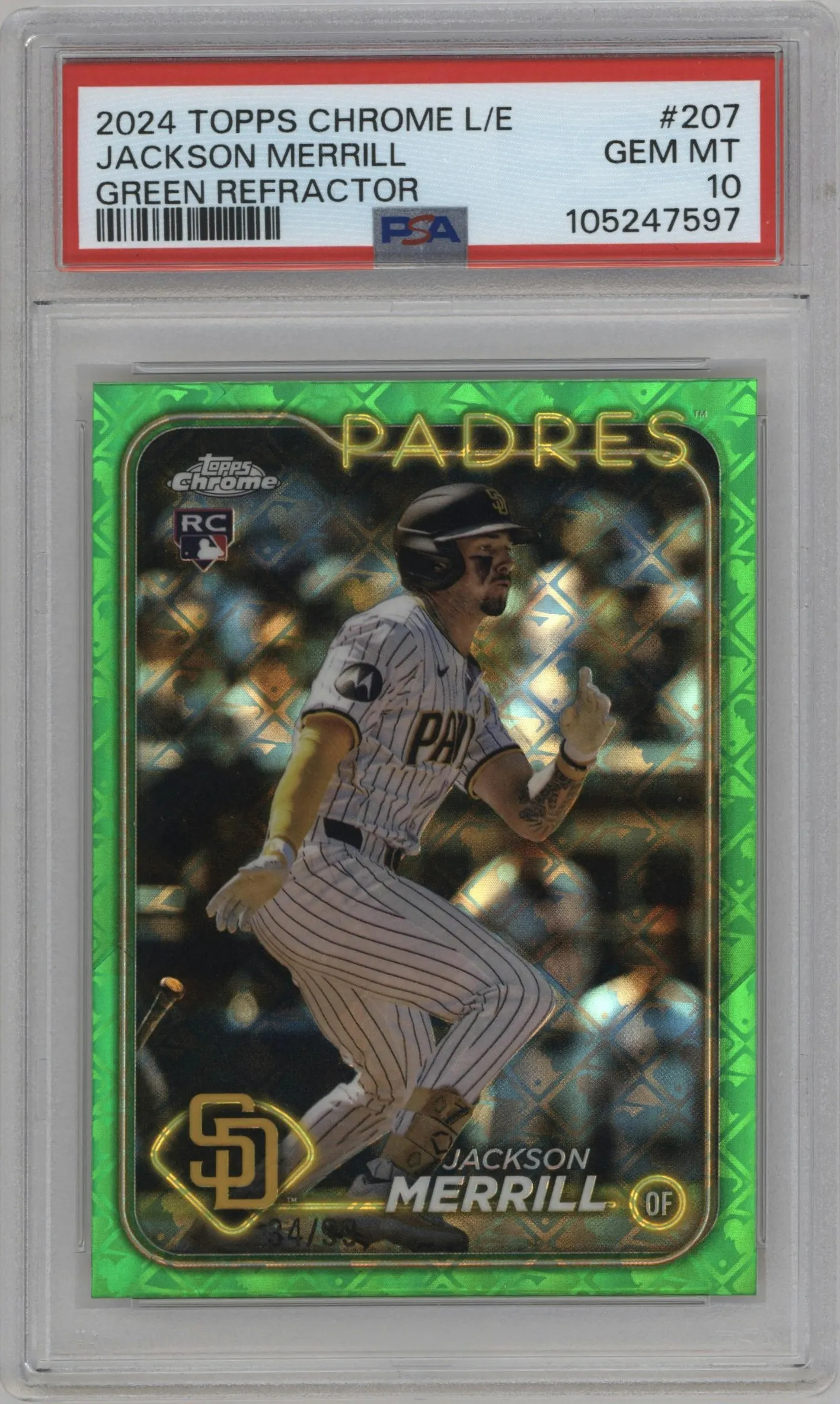 2024 Topps Chrome Logofractor Jackson Merrill Green Refractor #207 PSA 10