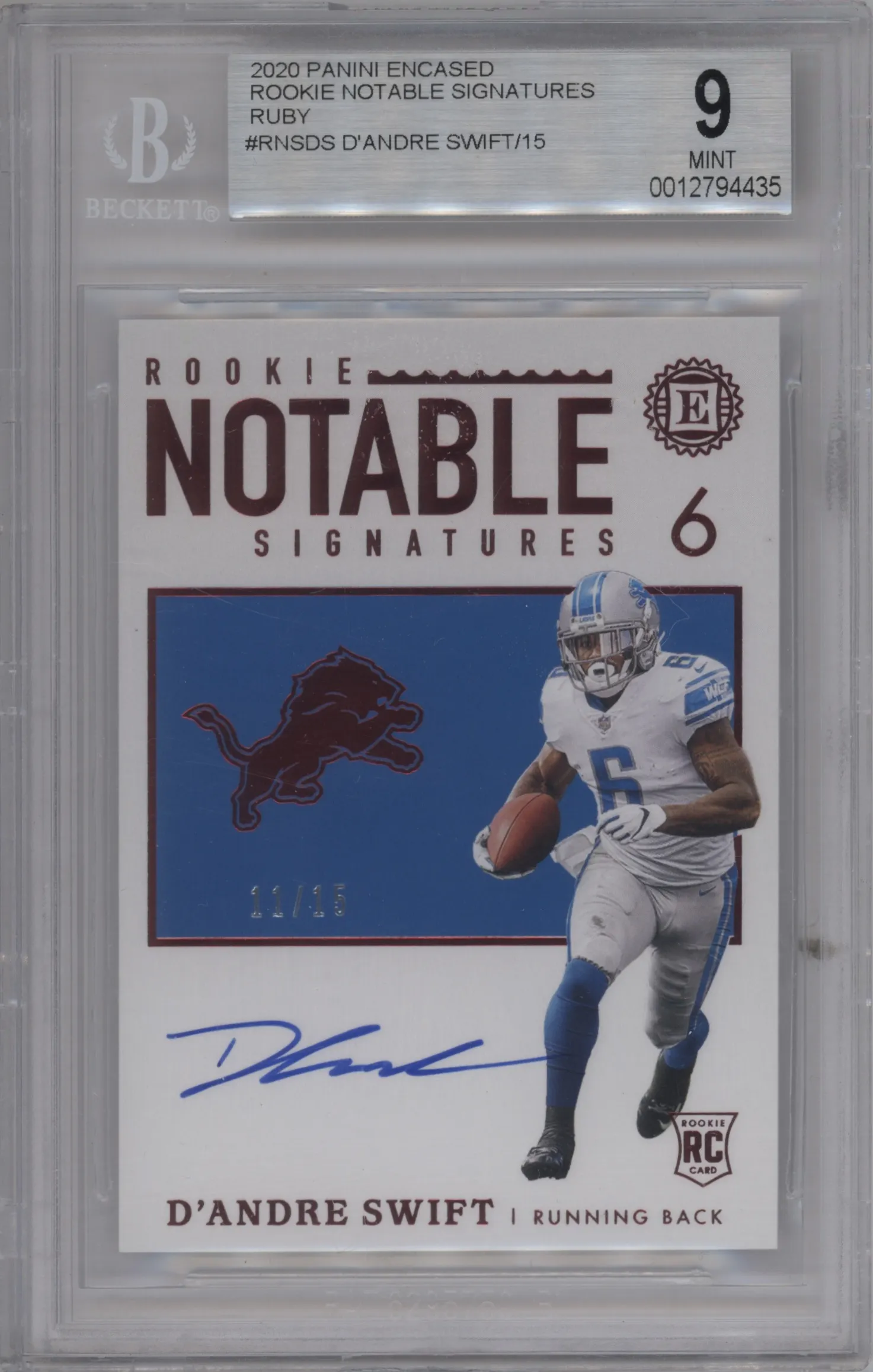 2020 Panini Encased Rke.Notable Sig. D'Andre Swift Ruby #RNS-DS BGS 9