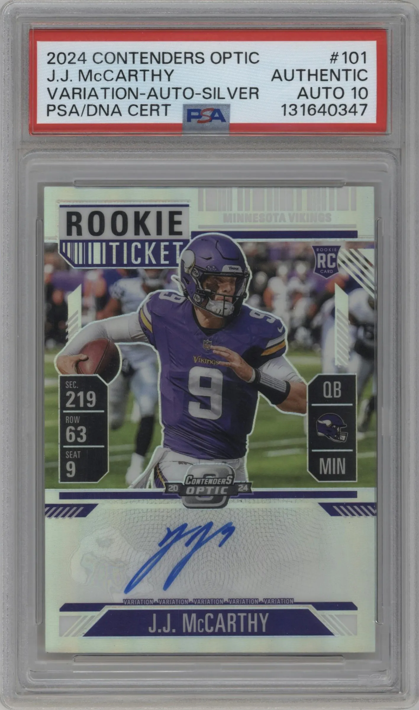 2024 Panini Contenders Optic Rke.Tkt.RPS Au.Var. J.J. McCarthy Silver PSA AUTHENTIC #101 PSA
