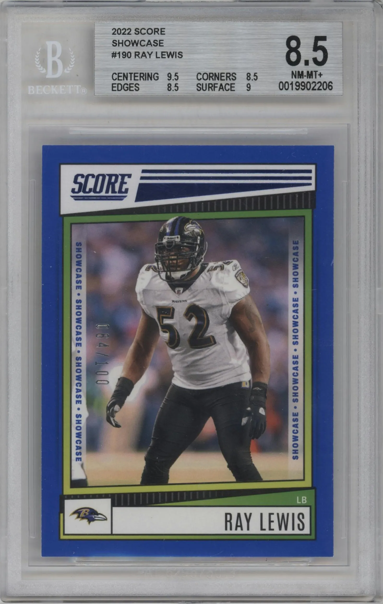 2022 Panini Score Ray Lewis Blue Showcase BGS 8.5