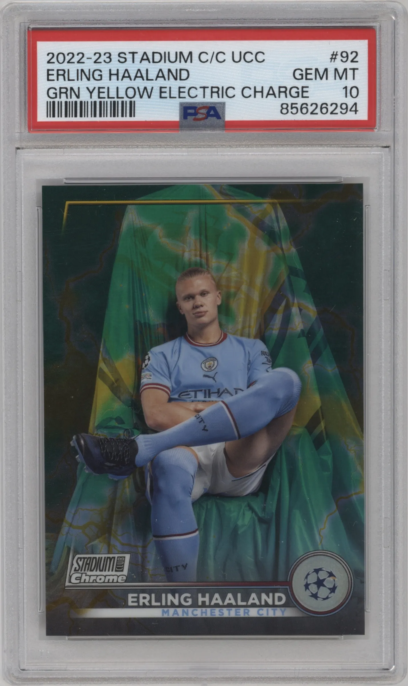 2022 Topps Stadium Club Chrome UEFA Club Erling Haaland Green/Yellow Electric Charge #92 PSA 10