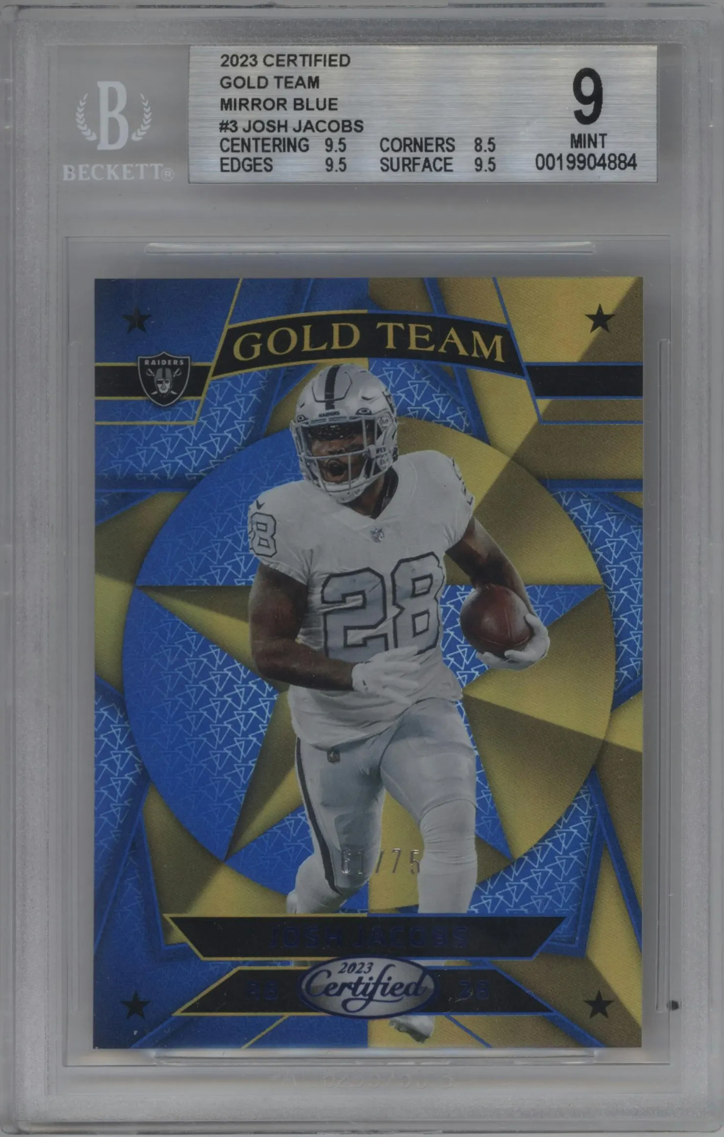 2023 Panini Certified Gold Team Josh Jacobs Mirror Blue #GT-3 BGS 9