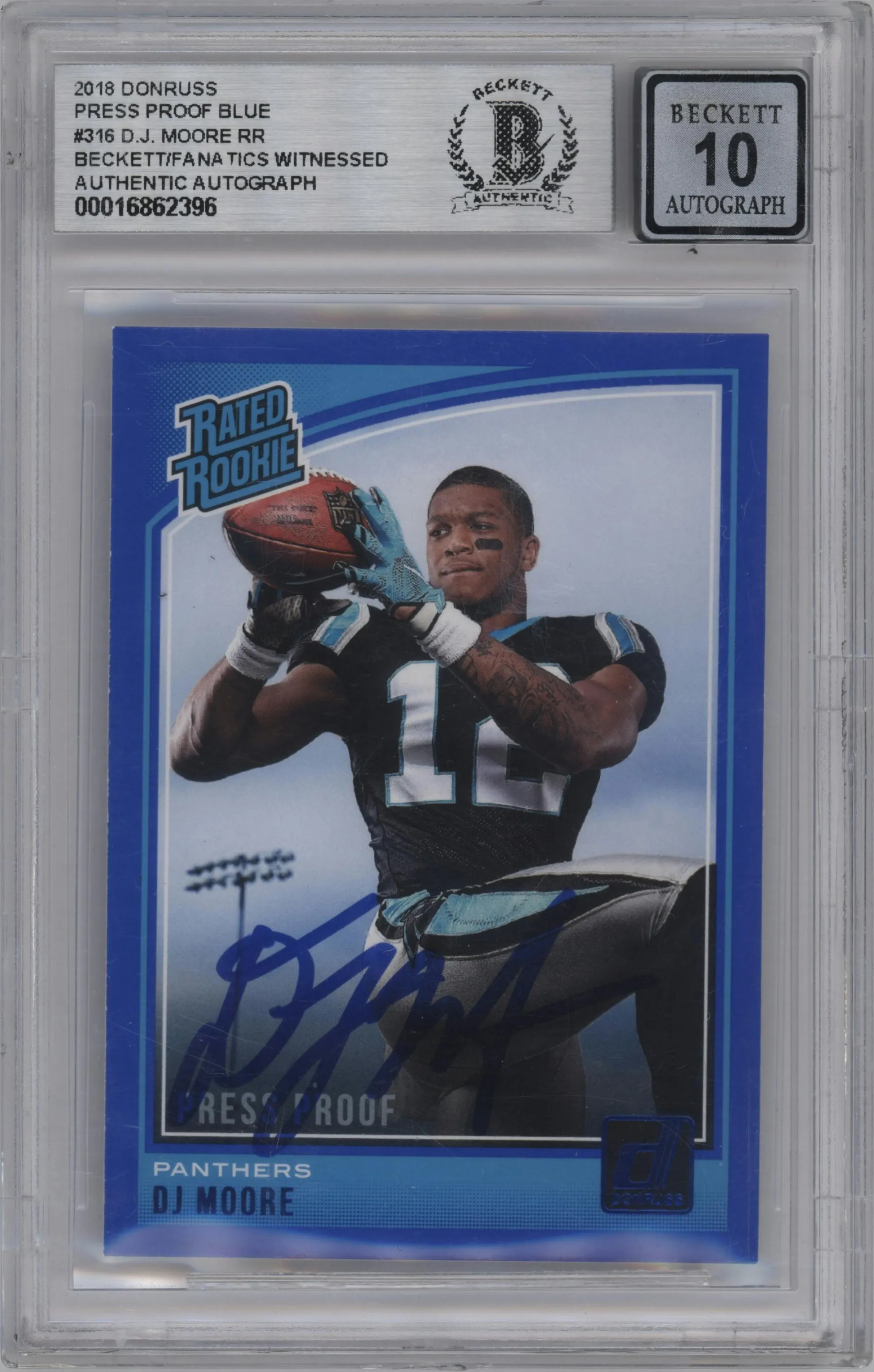 2018 Panini Donruss Rated Rookie DJ Moore Press Proof Blue BGS AUTHENTIC #316 BGS