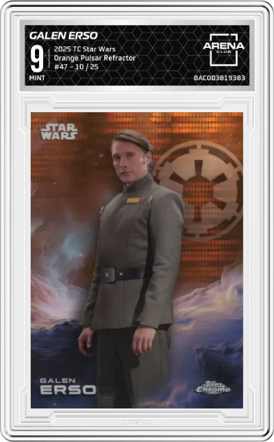 2025 Topps Chrome Star Wars Galen Erso Orange Pulsar Refractor ARENA CLUB 9