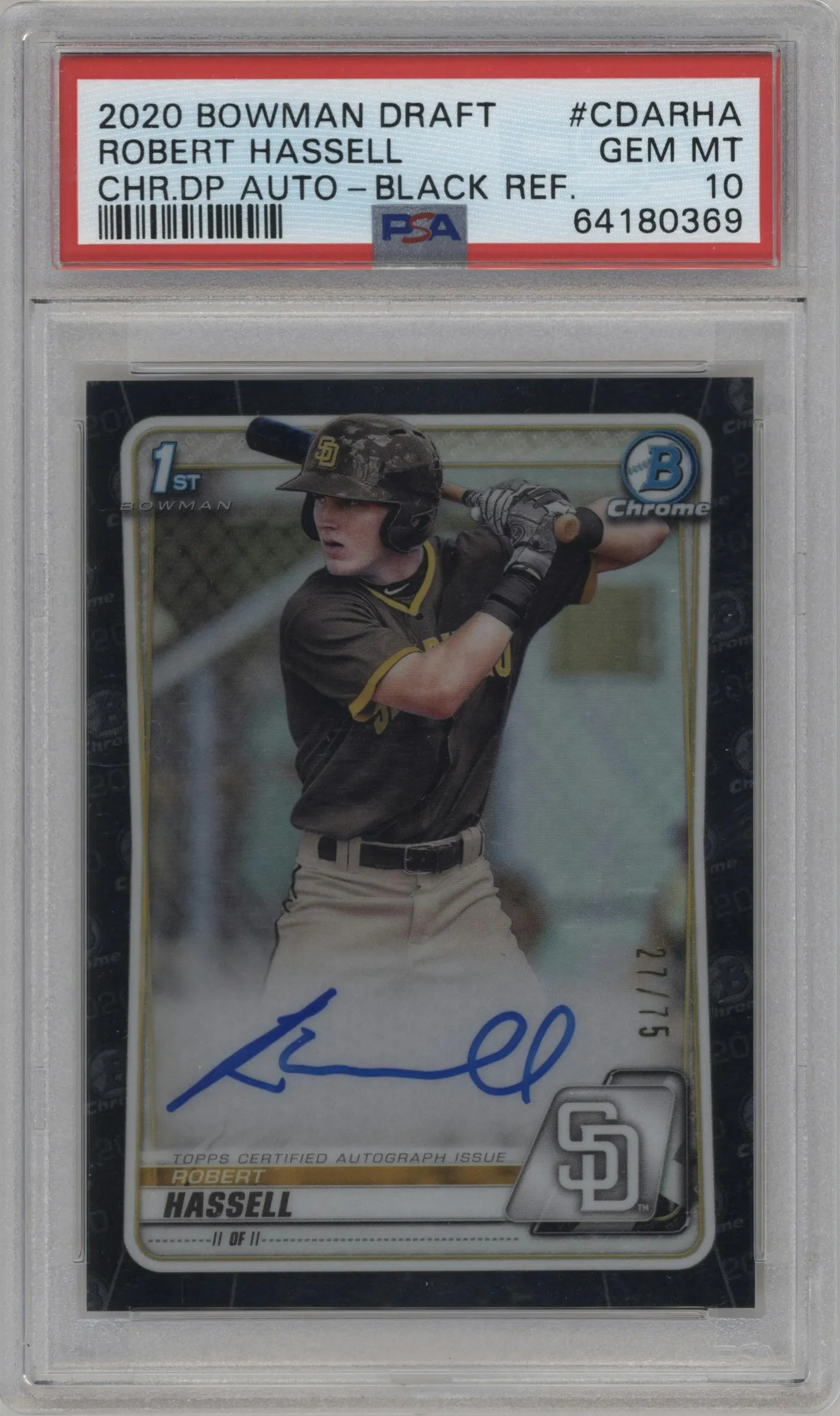 2020 Bowman Draft Chr.DP Auto Robert Hassell Black Refractor #CDA-RHA PSA 10