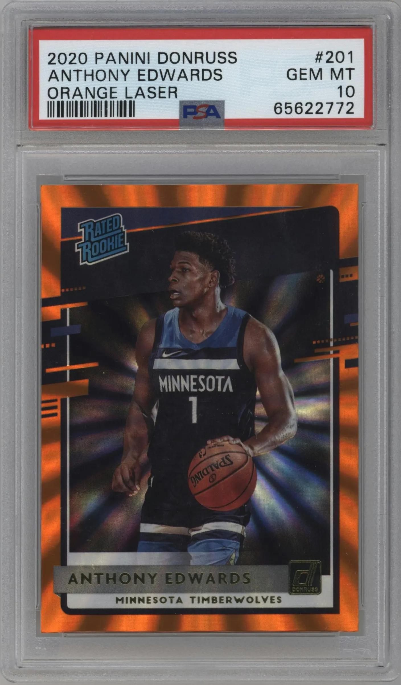2020 Panini Donruss Rated Rookie Anthony Edwards Orange Laser #201 PSA 10