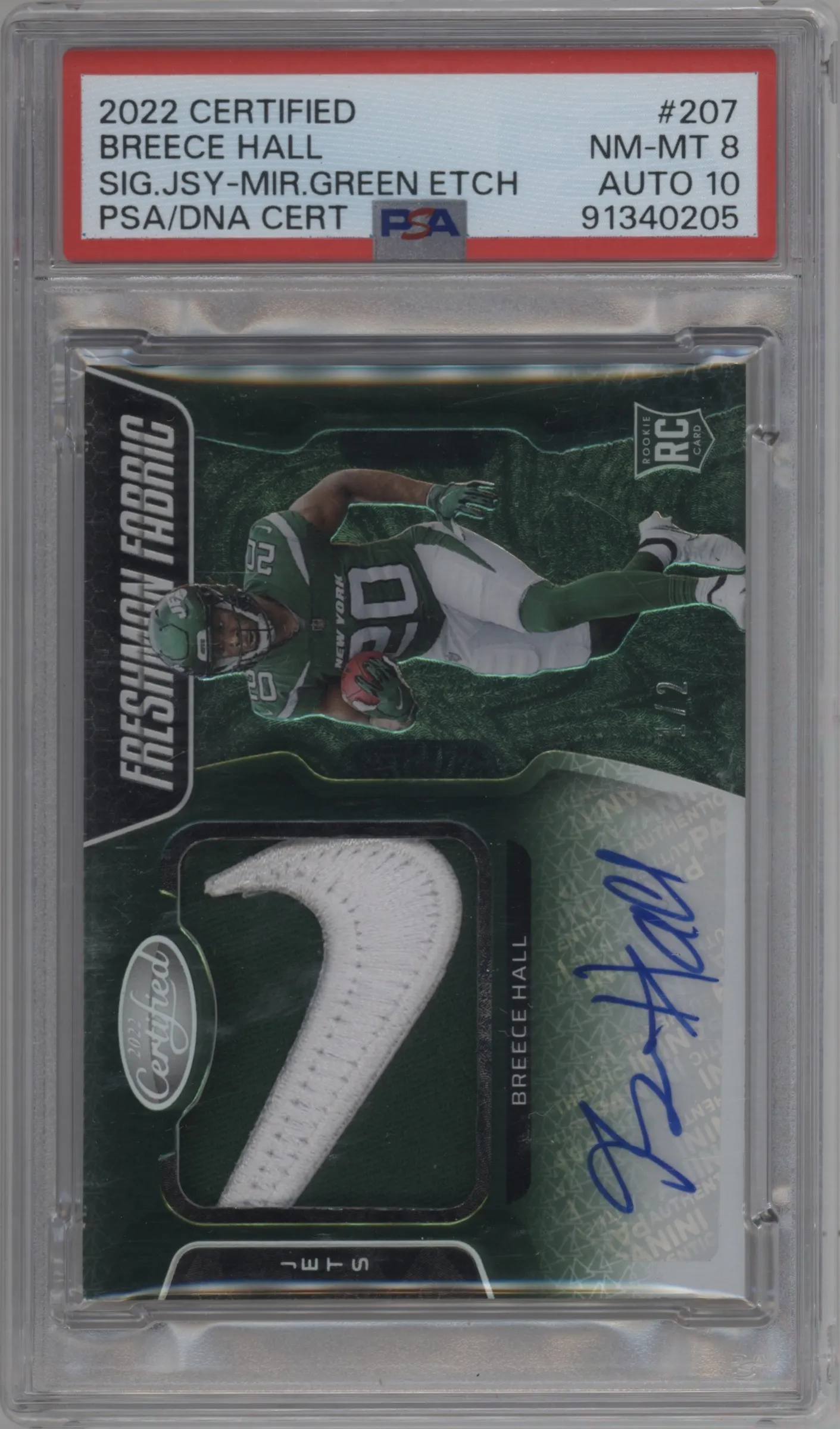 2022 Panini Certified Fresh.Fab.Sig. Breece Hall Mirror Etch Green #207 PSA 8