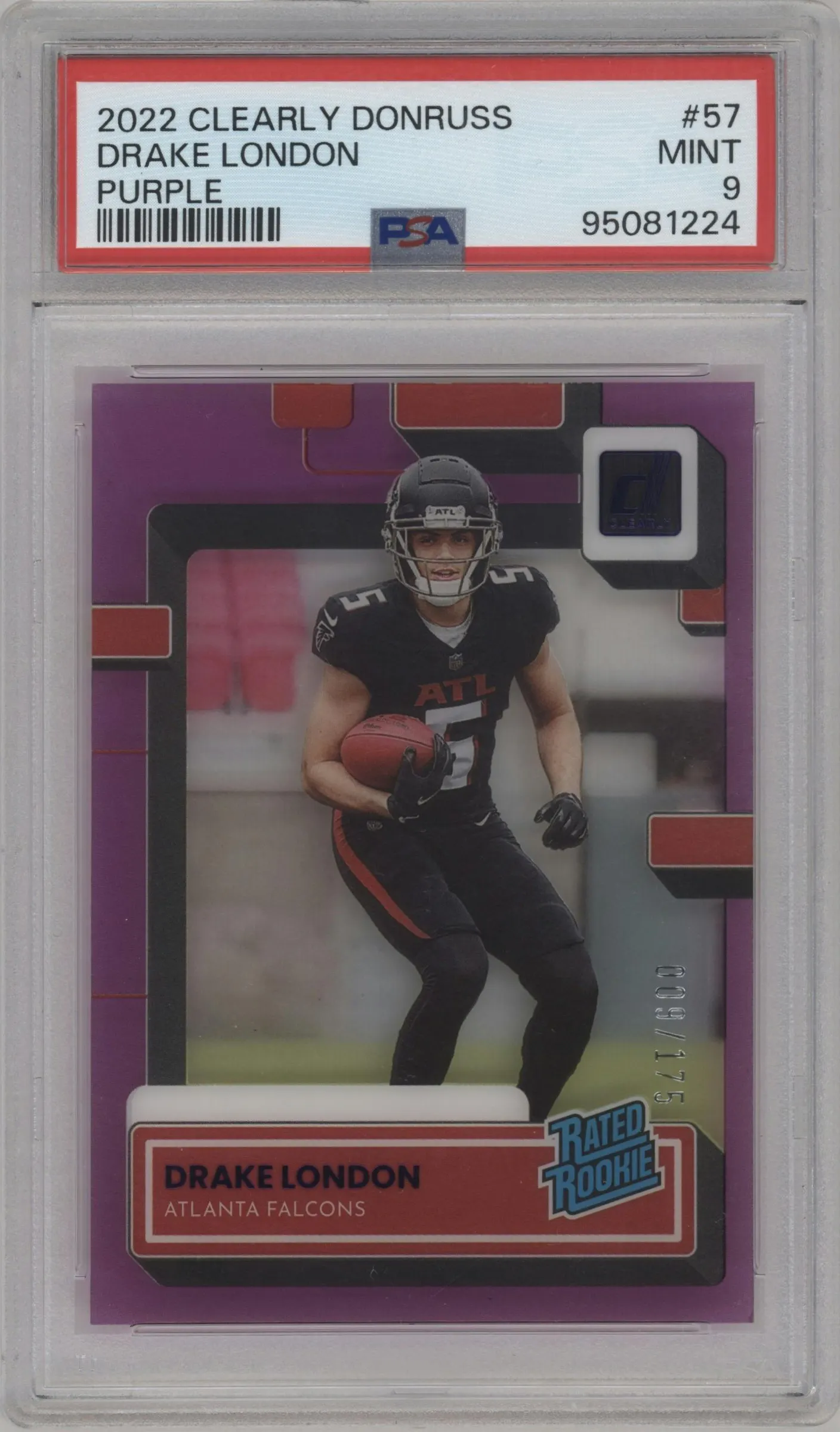 2022 Clearly Donruss Rated Rookie Drake London Purple #57 PSA 9