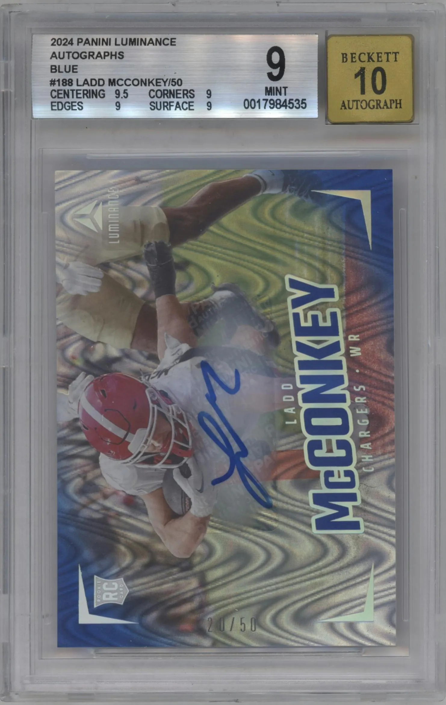 2024 Panini Luminance Rke.Auto Ladd McConkey Blue #188 BGS 9