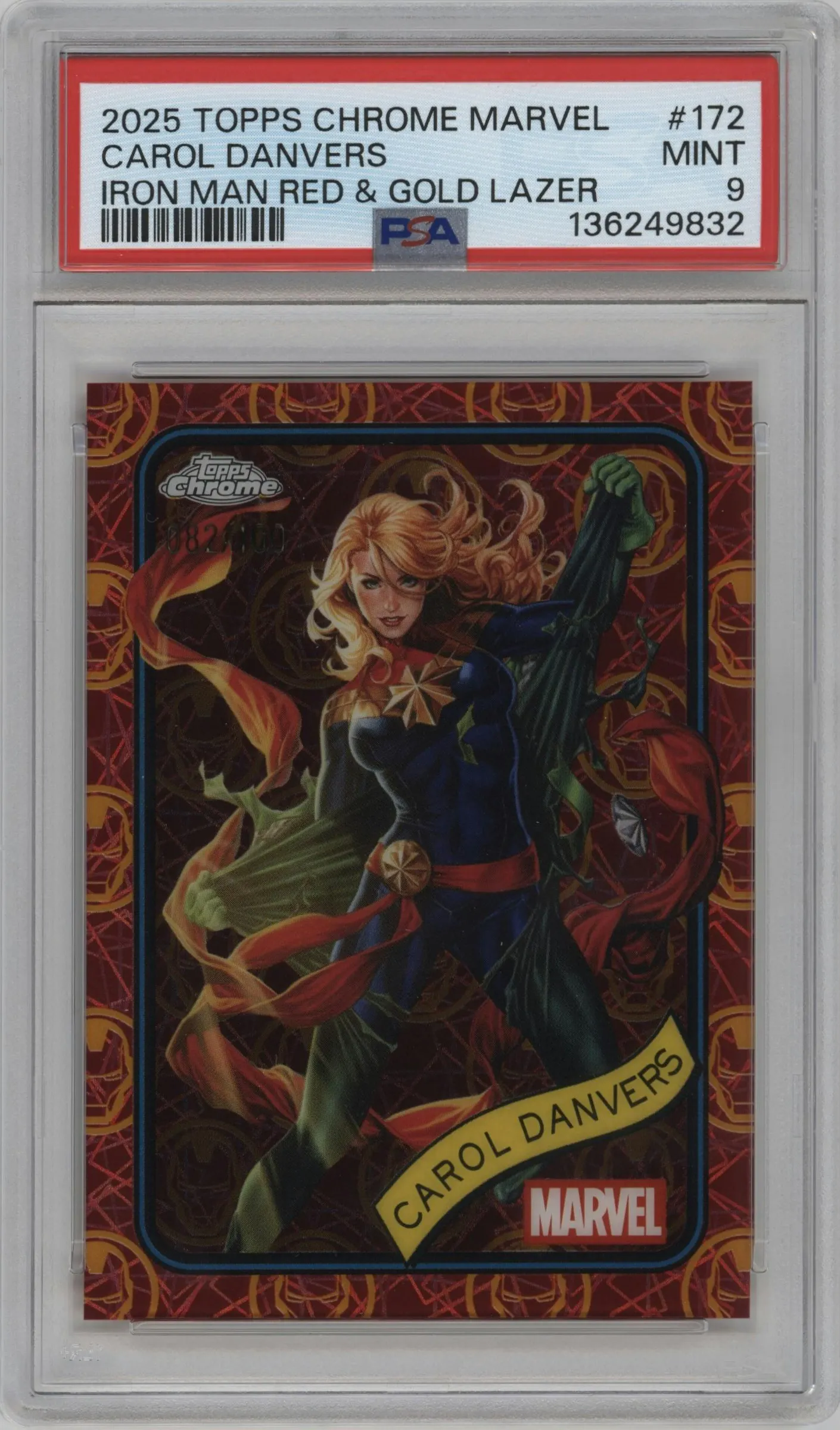 2025 Topps Chrome Marvel Carol Danvers Iron Man Red/Gold Lazer #172 PSA 9