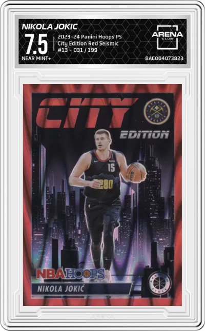 2023 Panini Hoops Premium Stock City Edition Nikola Jokic Red Seismic #13 ARENA CLUB 7.5