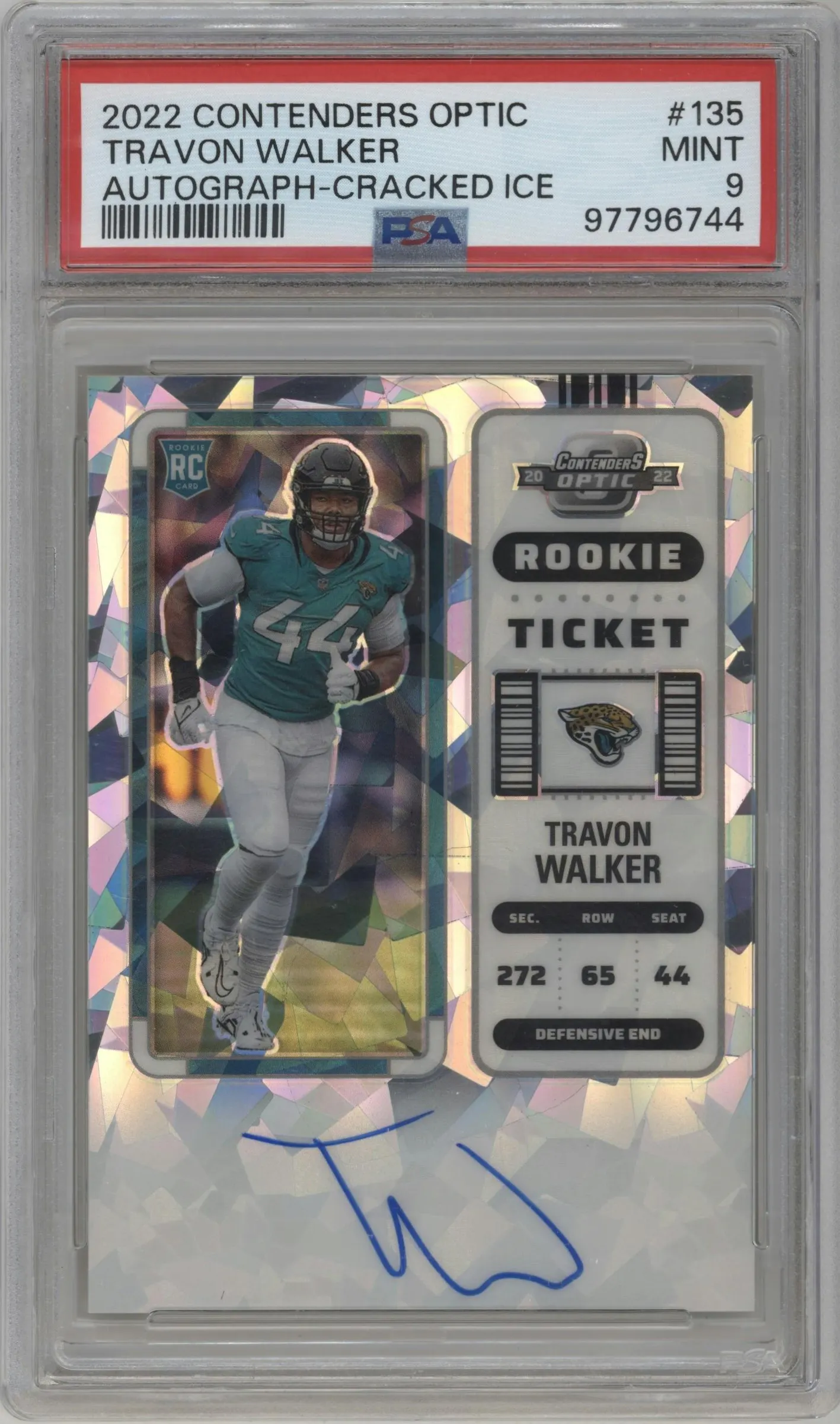 2022 Panini Contenders Optic Rke.Tkt.RPS Auto Travon Walker Cracked Ice #135 PSA 9