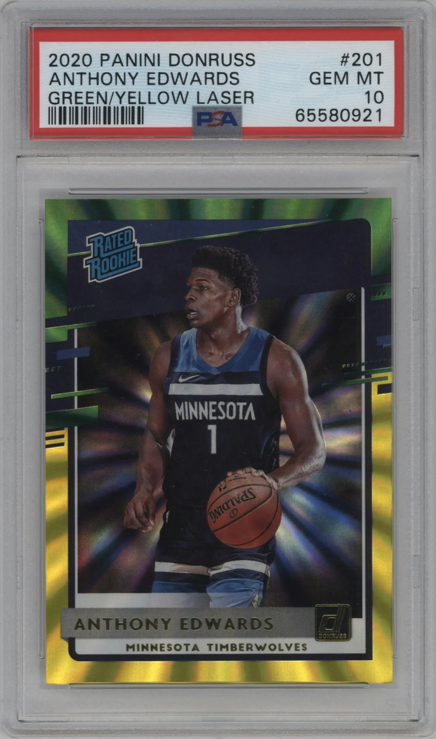 2020 Panini Donruss Rated Rookie Anthony Edwards Green & Yellow Laser PSA 10