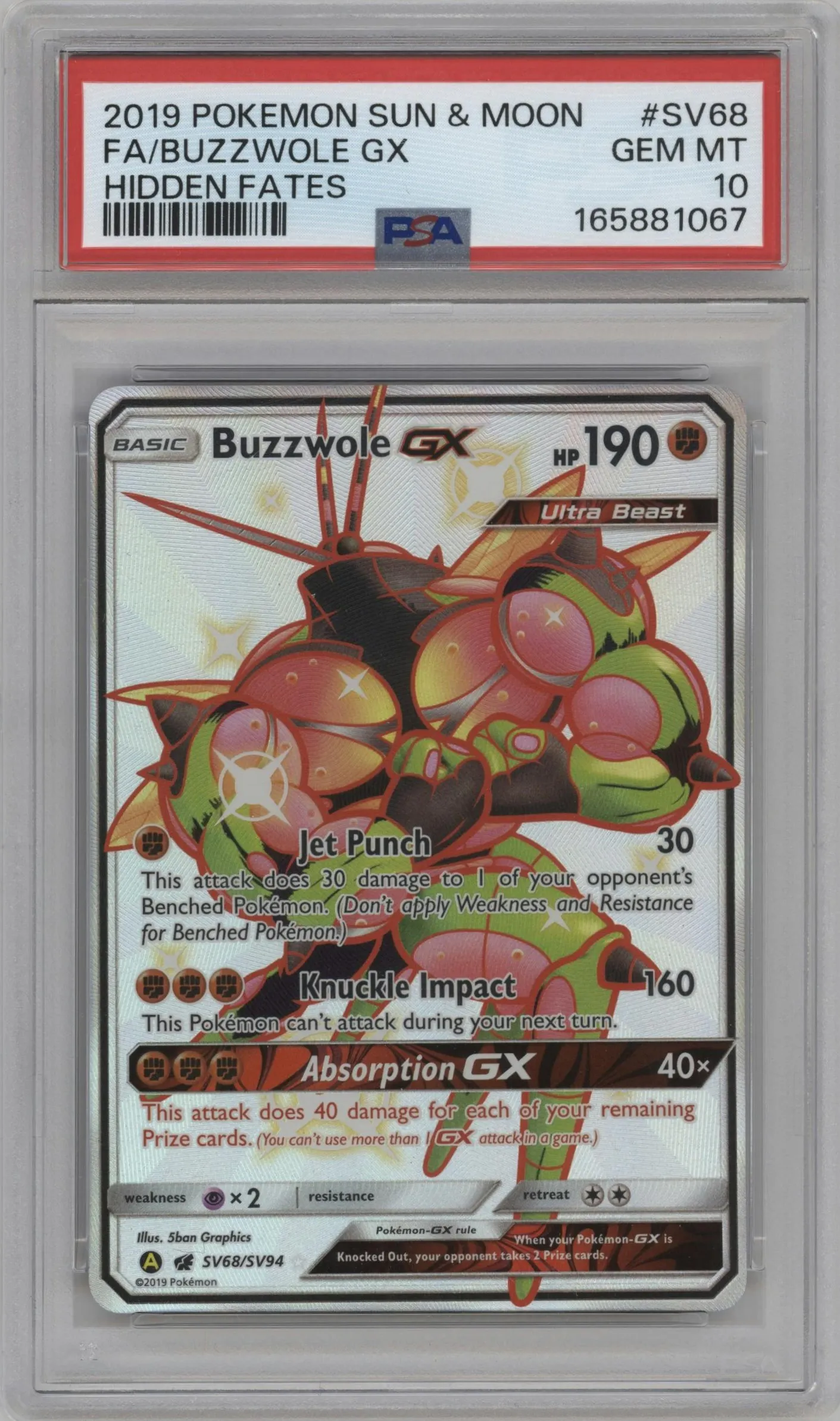 2019 Pokemon S&M Hidden Fates Buzzwole GX #SV68 PSA 10
