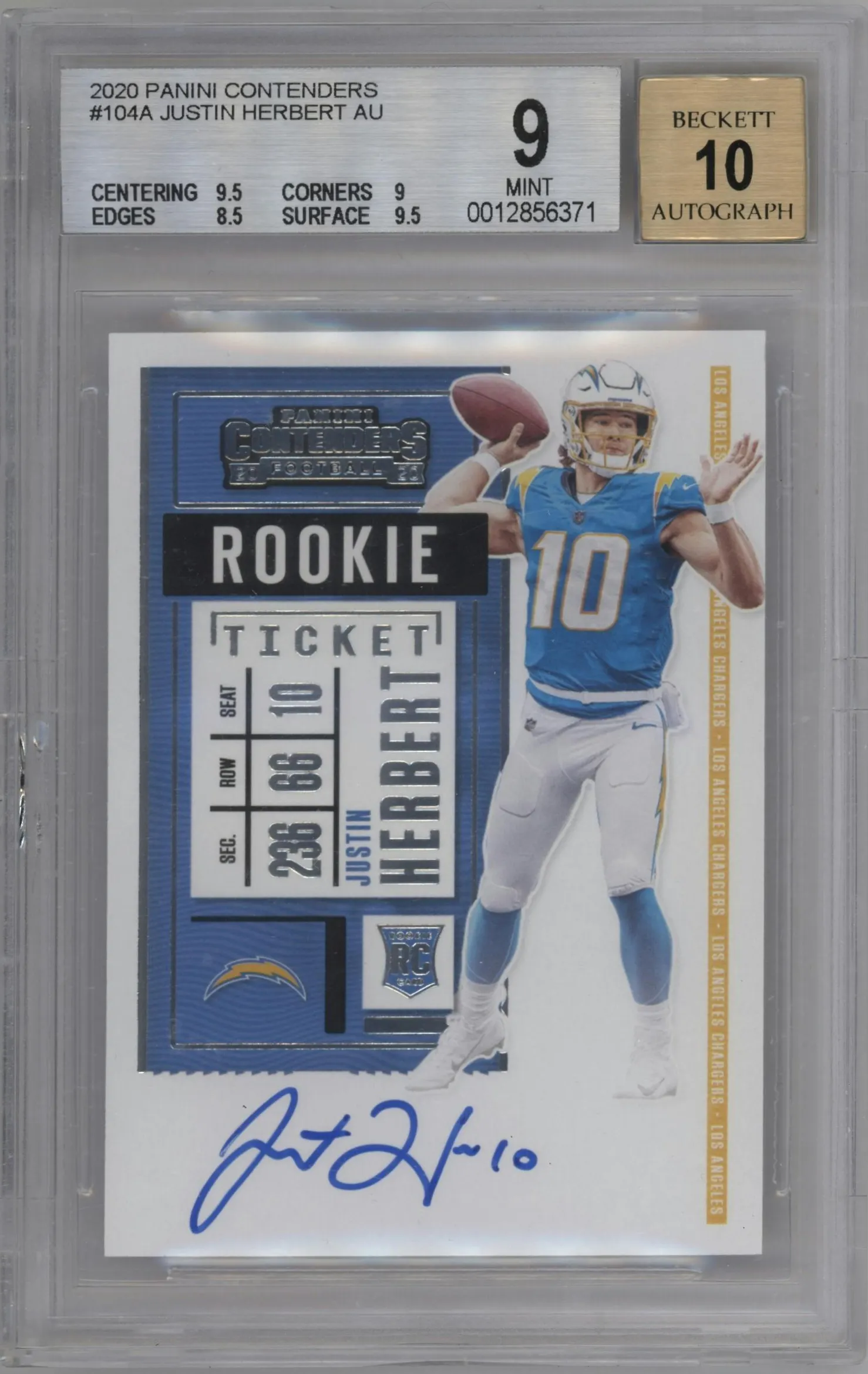2020 Panini Contenders Rke.Tkt.RPS Justin Herbert BGS 9