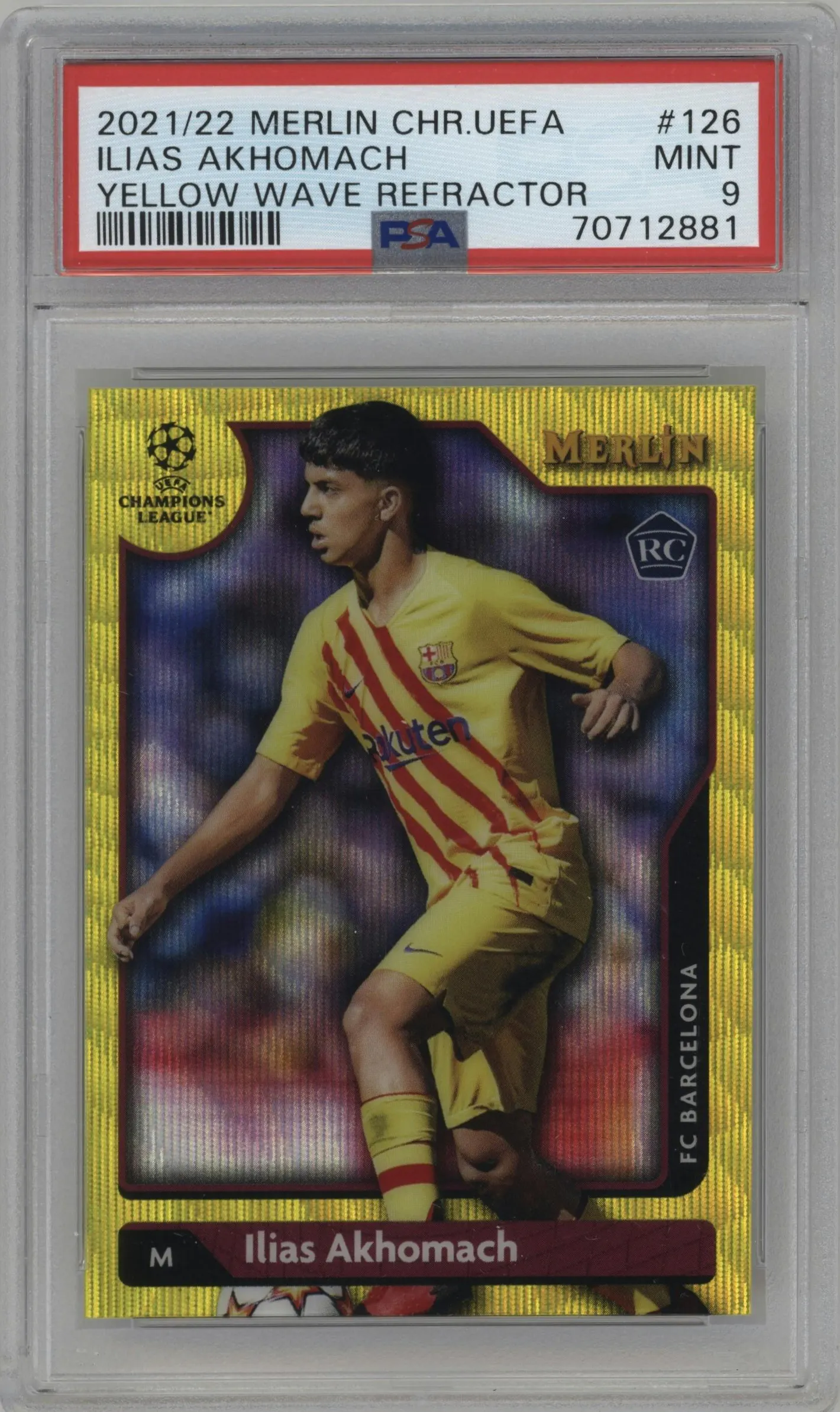 2021 Topps Merlin Chrome UEFA League Ilias Akhomach Yellow Wave Refractor PSA 9