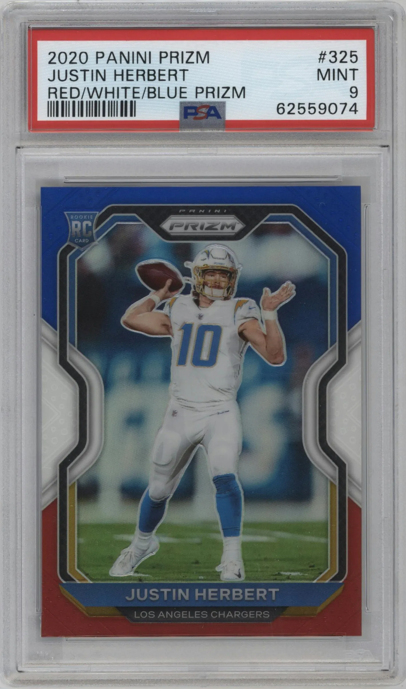 2020 Panini Prizm Justin Herbert Red/White/Blue Prizm #325 PSA 9