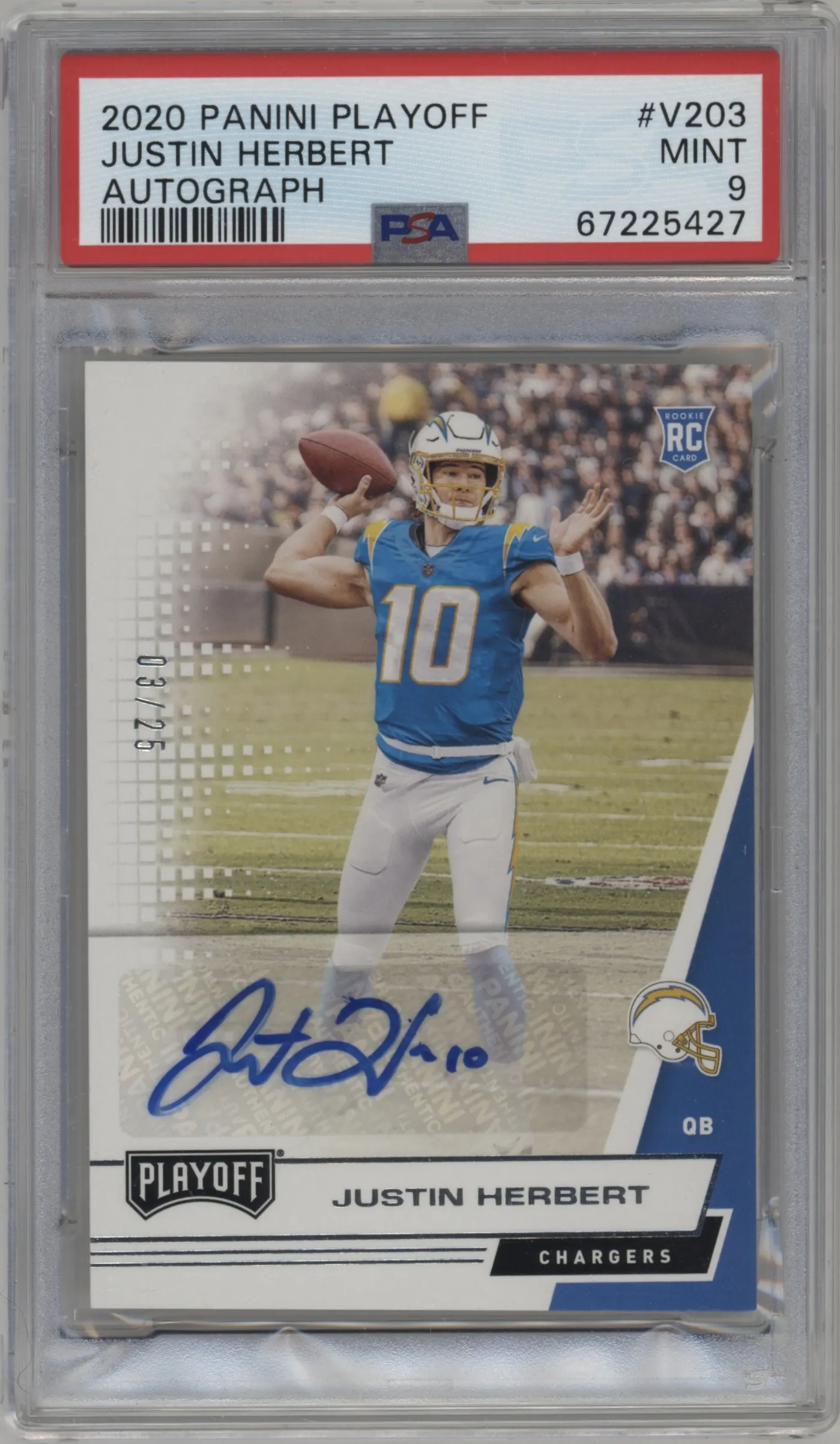 2020 Panini Playoff Rke.Auto Var. Justin Herbert #V-203 PSA 9