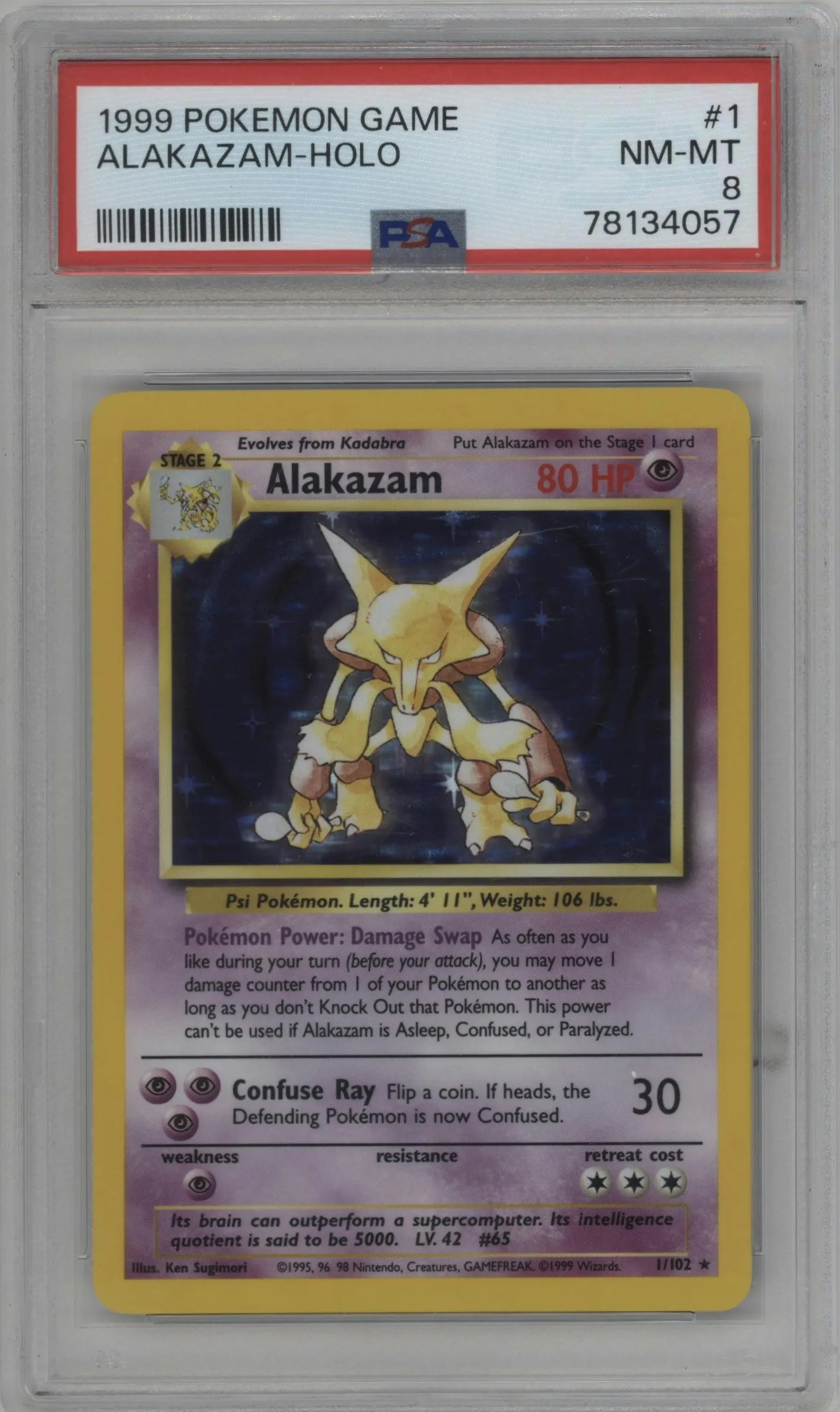1999 Pokemon Base Set Alakazam #1 PSA 8