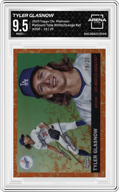 2025 Topps Chrome Platinum Tyler Glasnow Platinum Toile White/Orange Refractors #200 ARENA CLUB 9.5