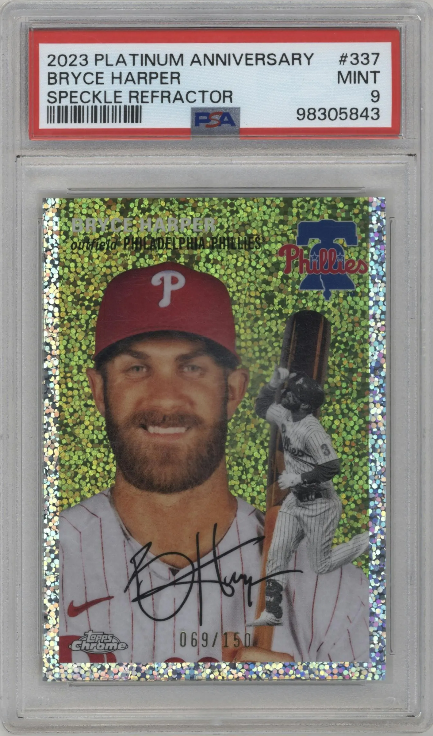 2023 Topps Chrome Platinum Anniversary Bryce Harper Speckle Refractor #337 PSA 9