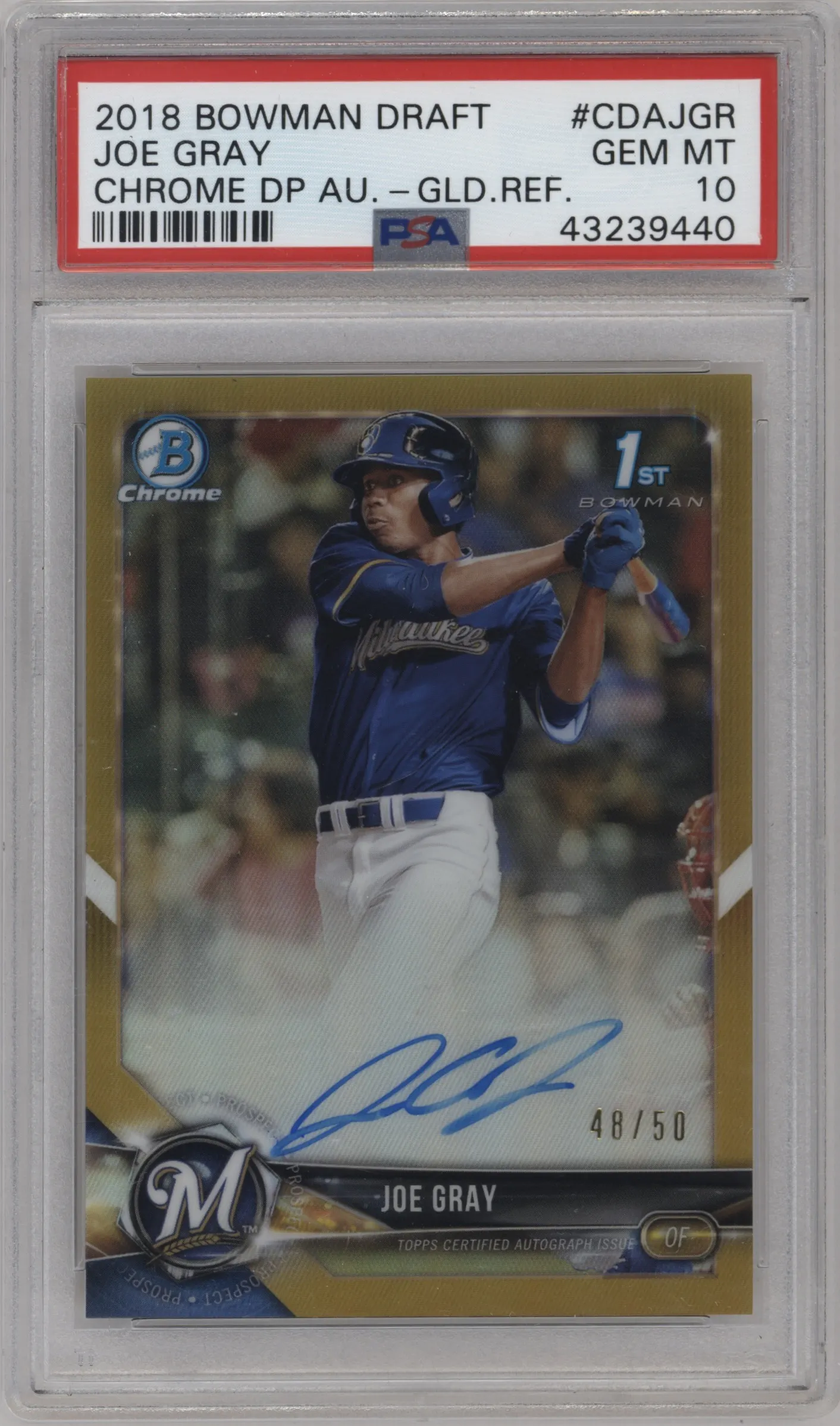 2018 Bowman Draft Chr.DP Auto Joe Gray Gold Refractor #CDA-JGR PSA 10