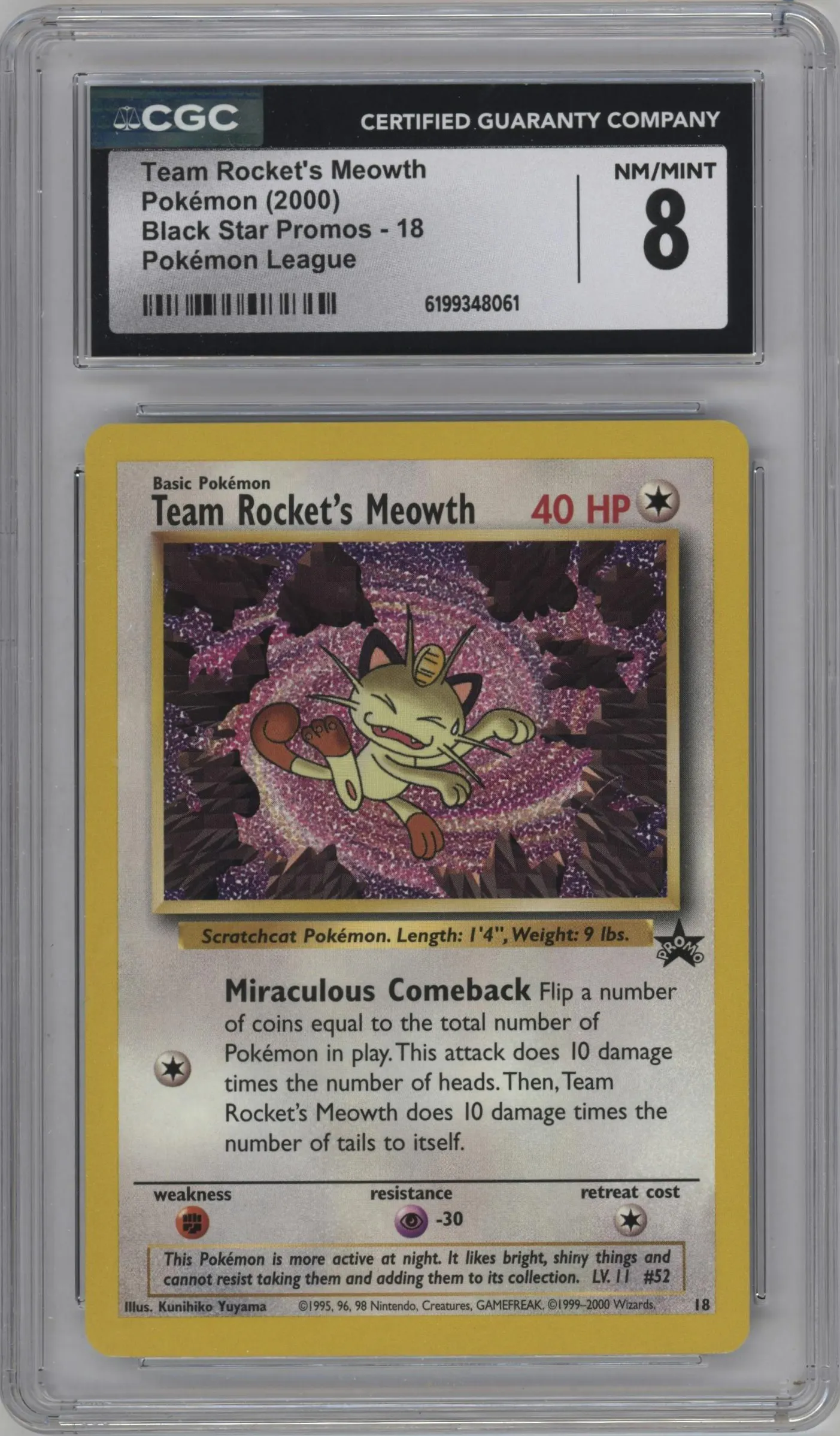2000 Pokemon WoTC Team Rocket's Meowth League #18 CGC 8