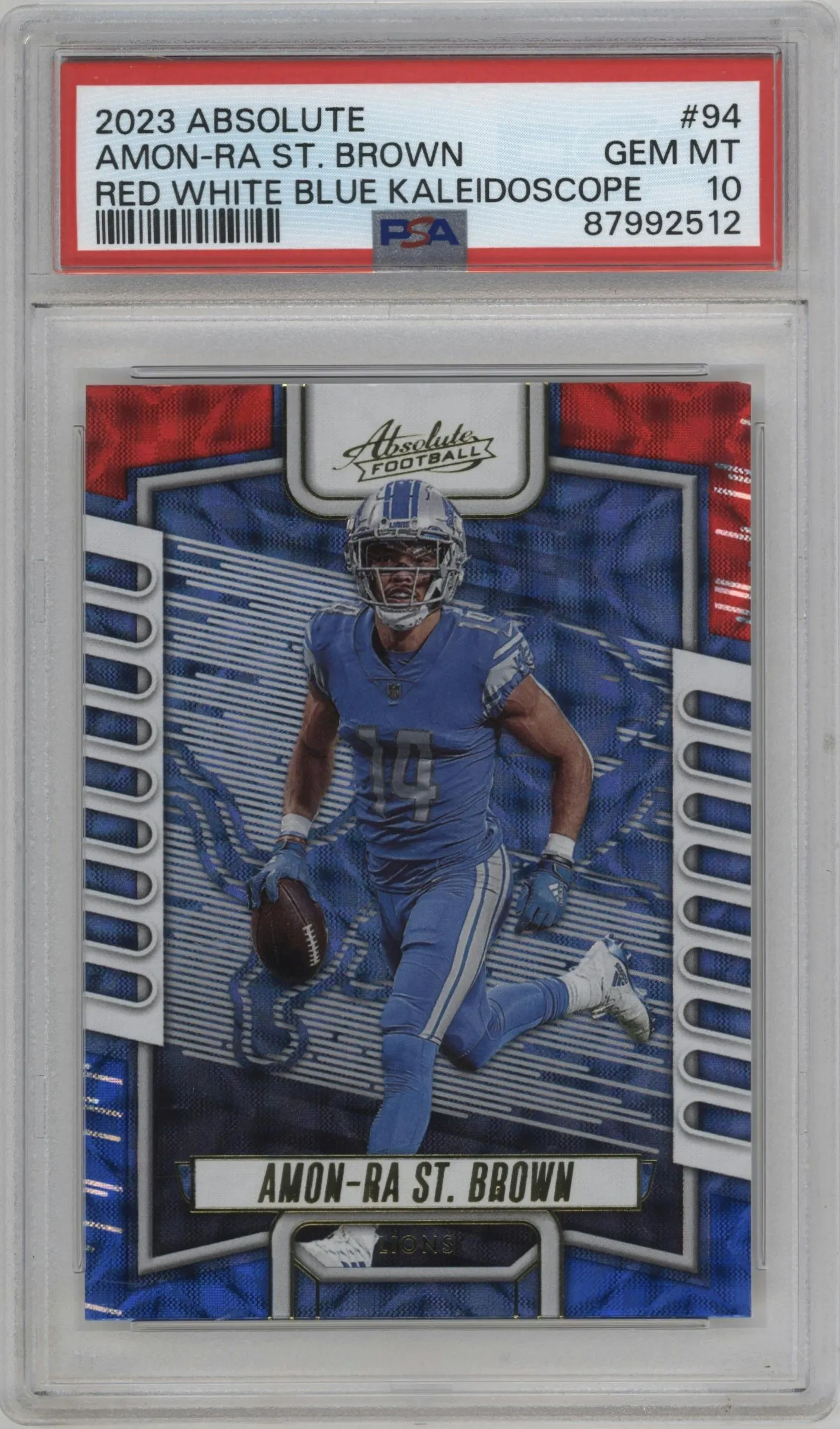 2023 Panini Absolute Amon-Ra St. Brown Red White and Blue Kaleidoscope #94 PSA 10