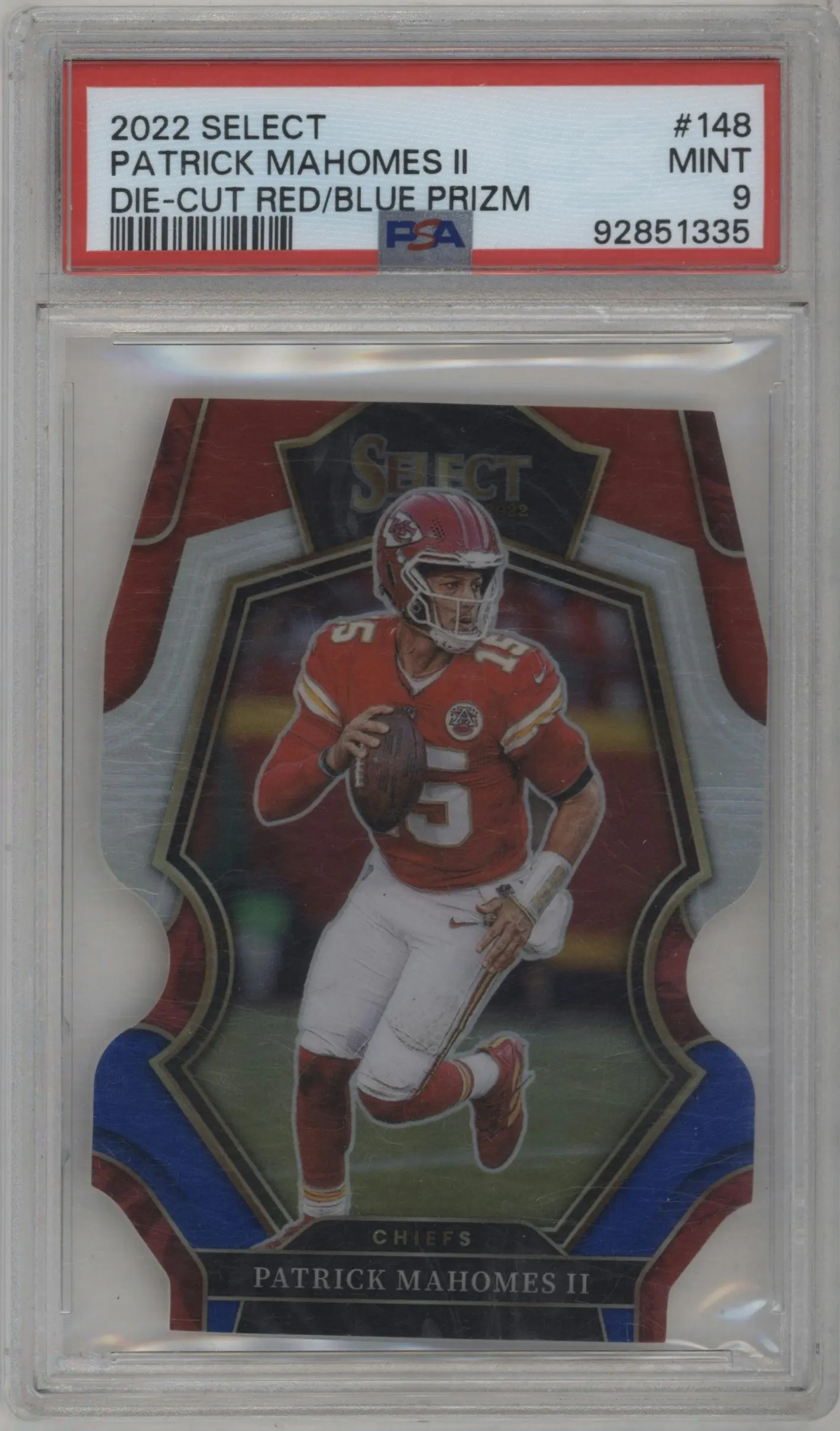 2022 Panini Select Pre.Lvl. Patrick Mahomes II Die-Cut Red/Blue PSA 9