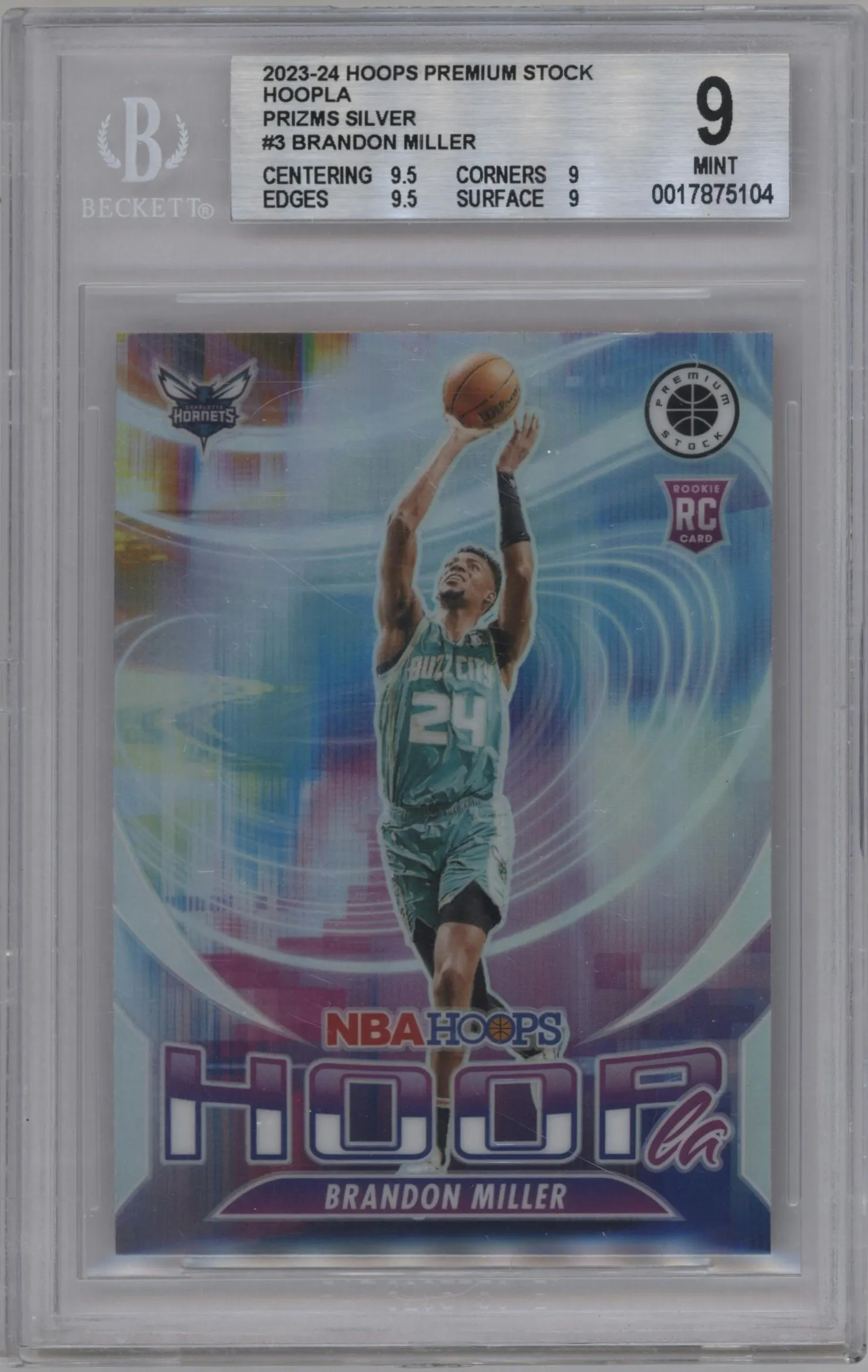 2023 Panini Hoops Premium Stock Hoopla Brandon Miller Silver Prizm #3 BGS 9