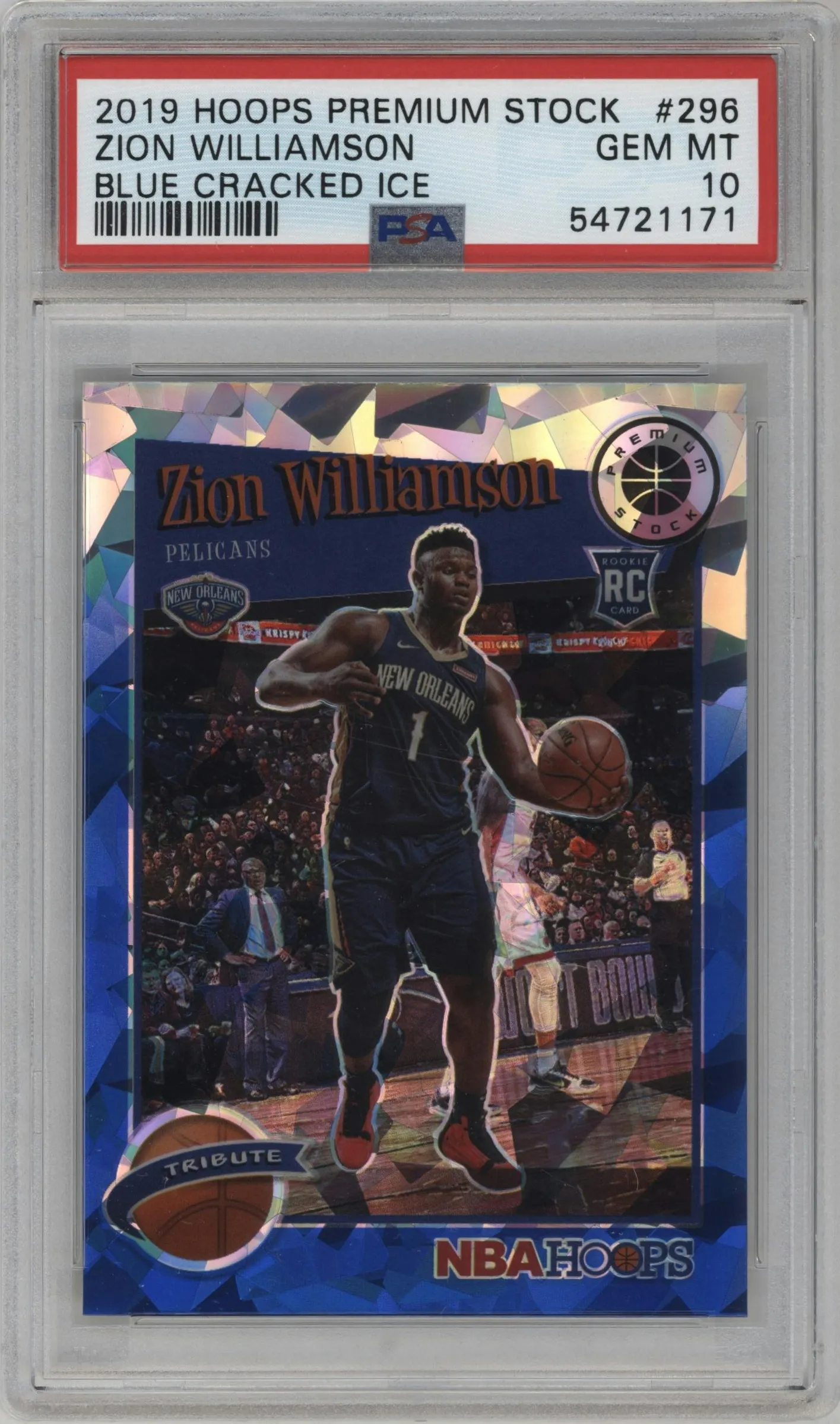 2019 Panini Hoops Premium Stock Tribute Zion Williamson Blue Cracked Ice #296 PSA 10