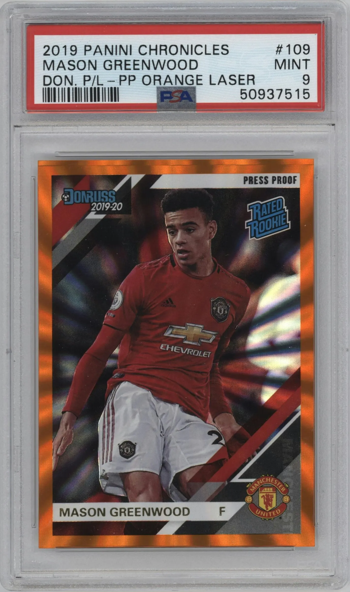 2019 Panini Chronicles Donruss PL Mason Greenwood Press Proof Orange Laser #109 PSA 9