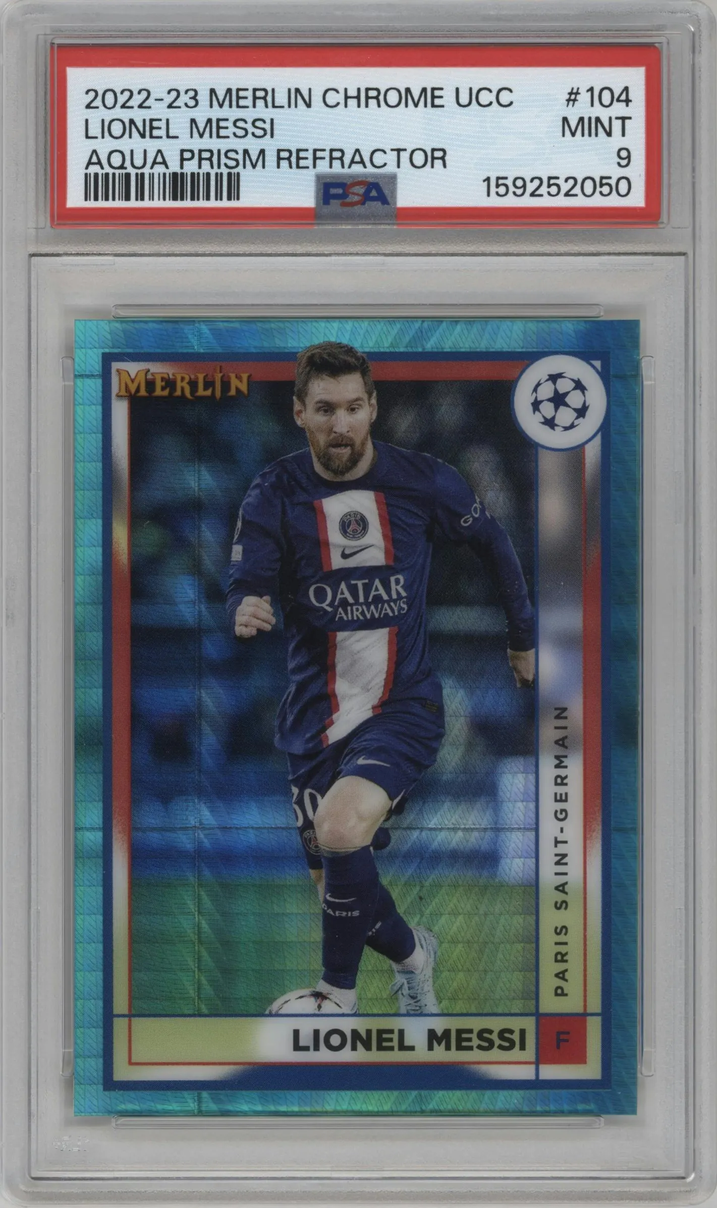 2022 Merlin UEFA Club Competitions Lionel Messi Aqua Prism Refractor #104 PSA 9