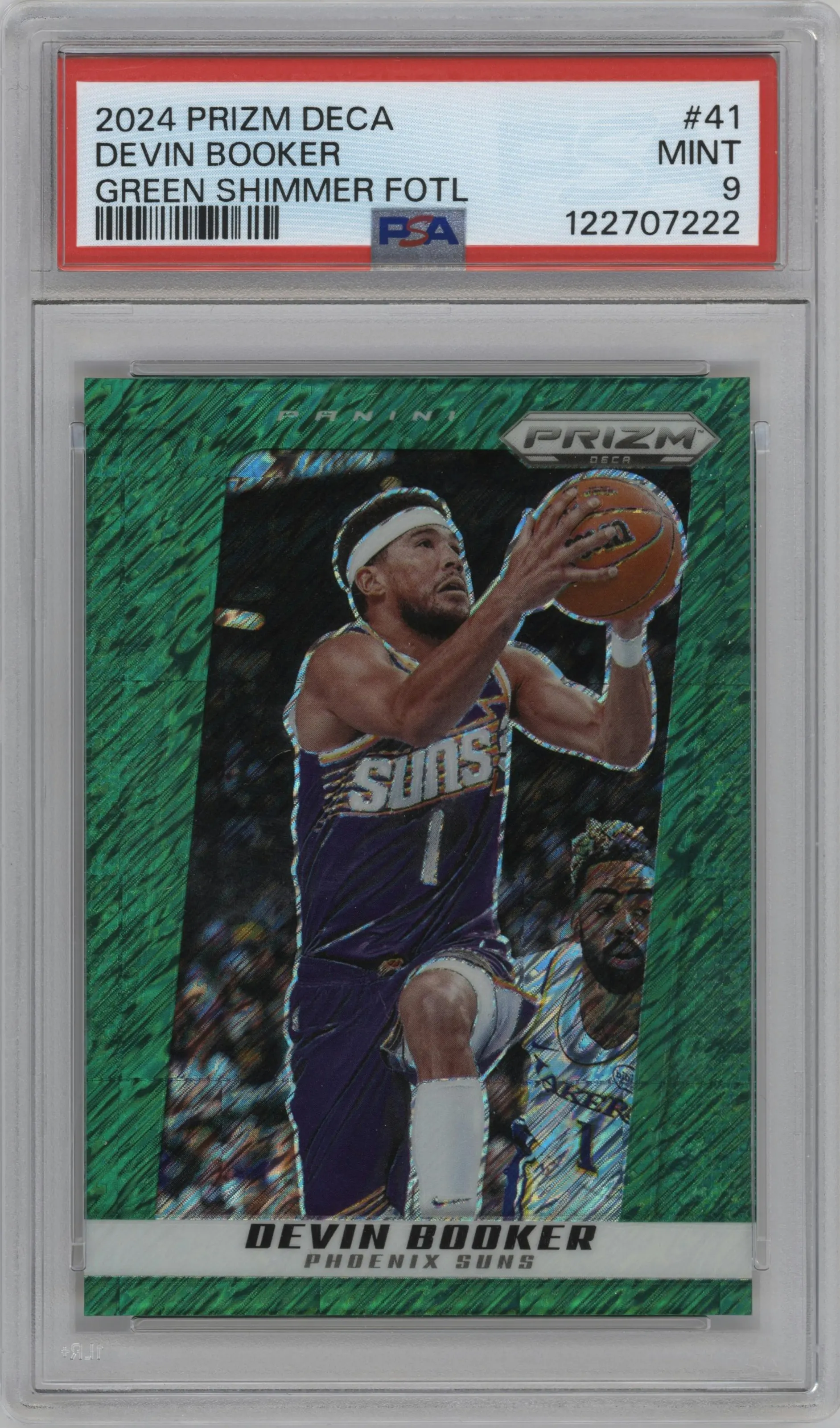2024 Panini Prizm Deca Devin Booker Green Shimmer FOTL #41 PSA 9