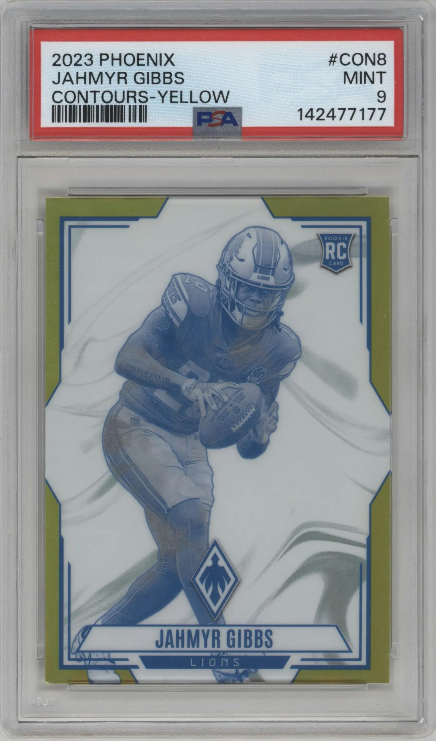 2023 Panini Phoenix Contours Jahmyr Gibbs Yellow #CON-8 PSA 9