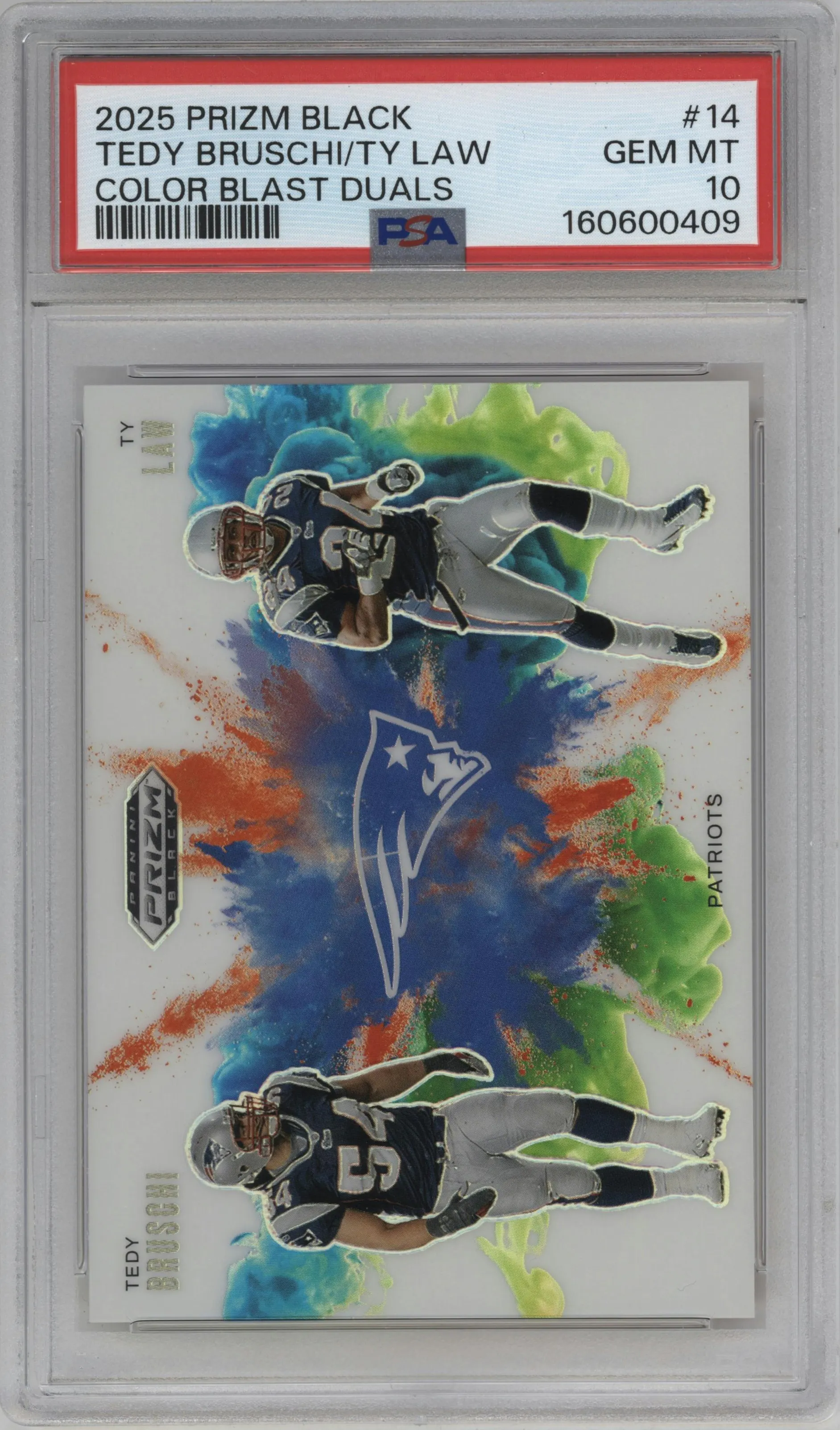 2025 Panini Prizm Black Color Blast Duals Tedy Bruschi/Ty Law #14 PSA 10