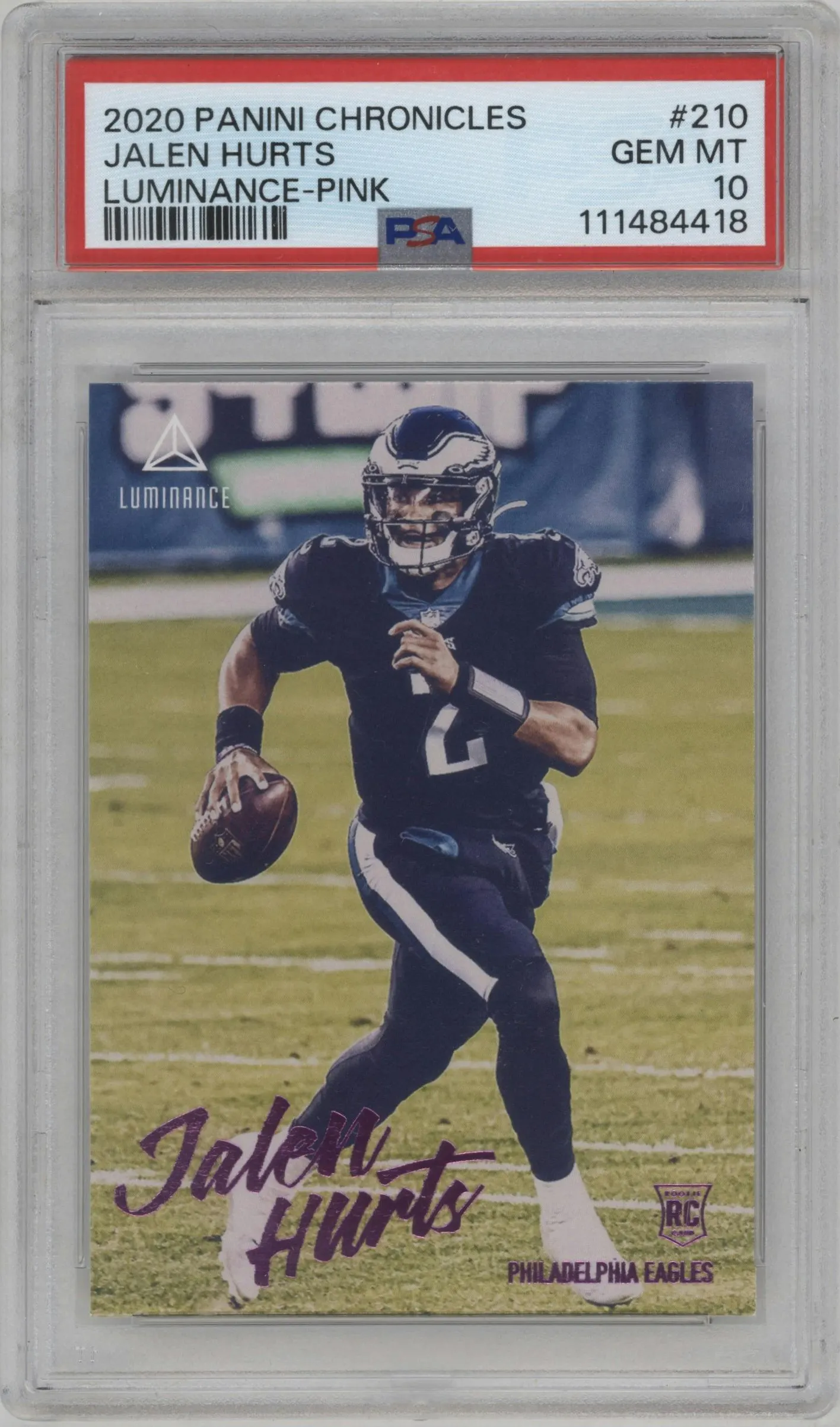 2020 Panini Chronicles Luminance Jalen Hurts Pink #210 PSA 10
