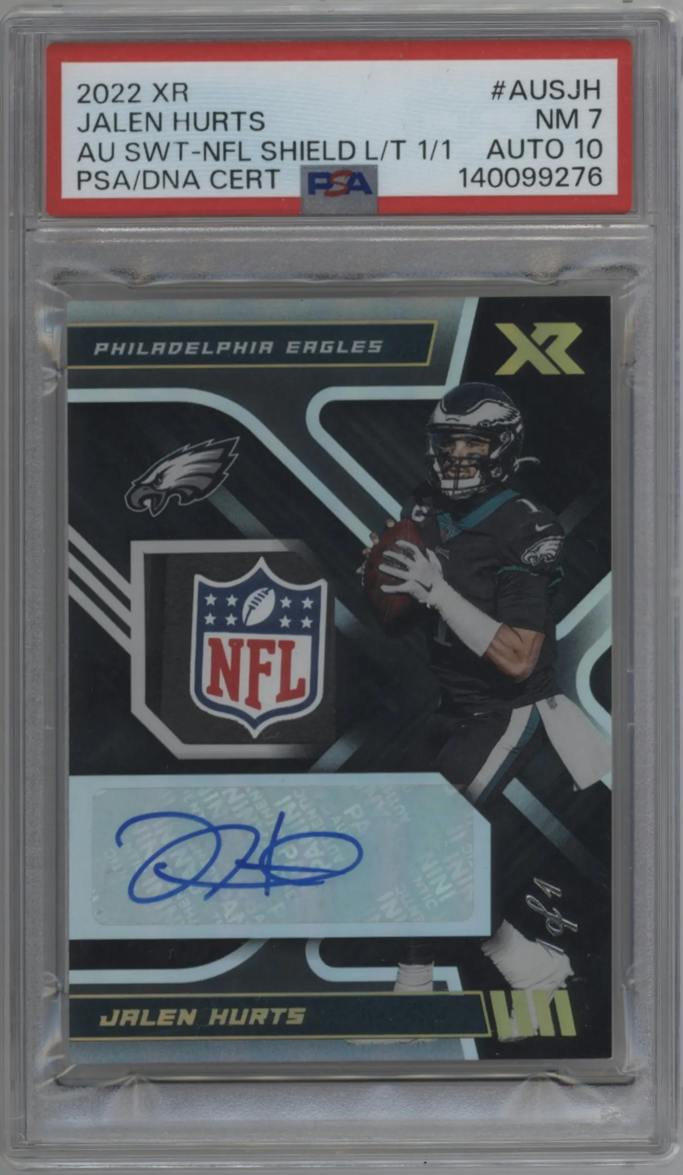 2022 Panini XR Auto Swch. Jalen Hurts Laundry Tag NFL Shield #AUS-JH PSA 7