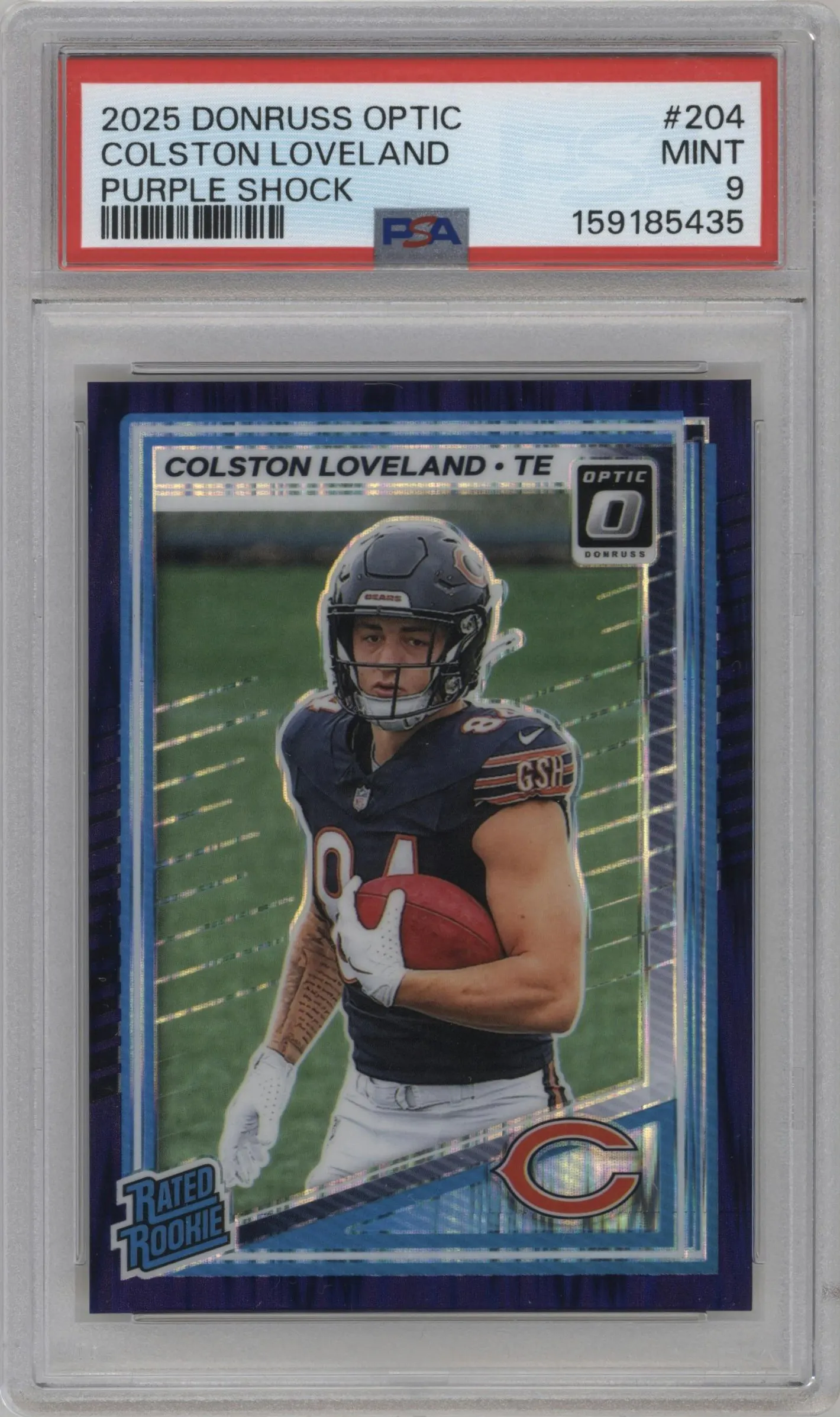 2025 Donruss Optic Rated Rookie Colston Loveland Purple Shock #204 PSA 9