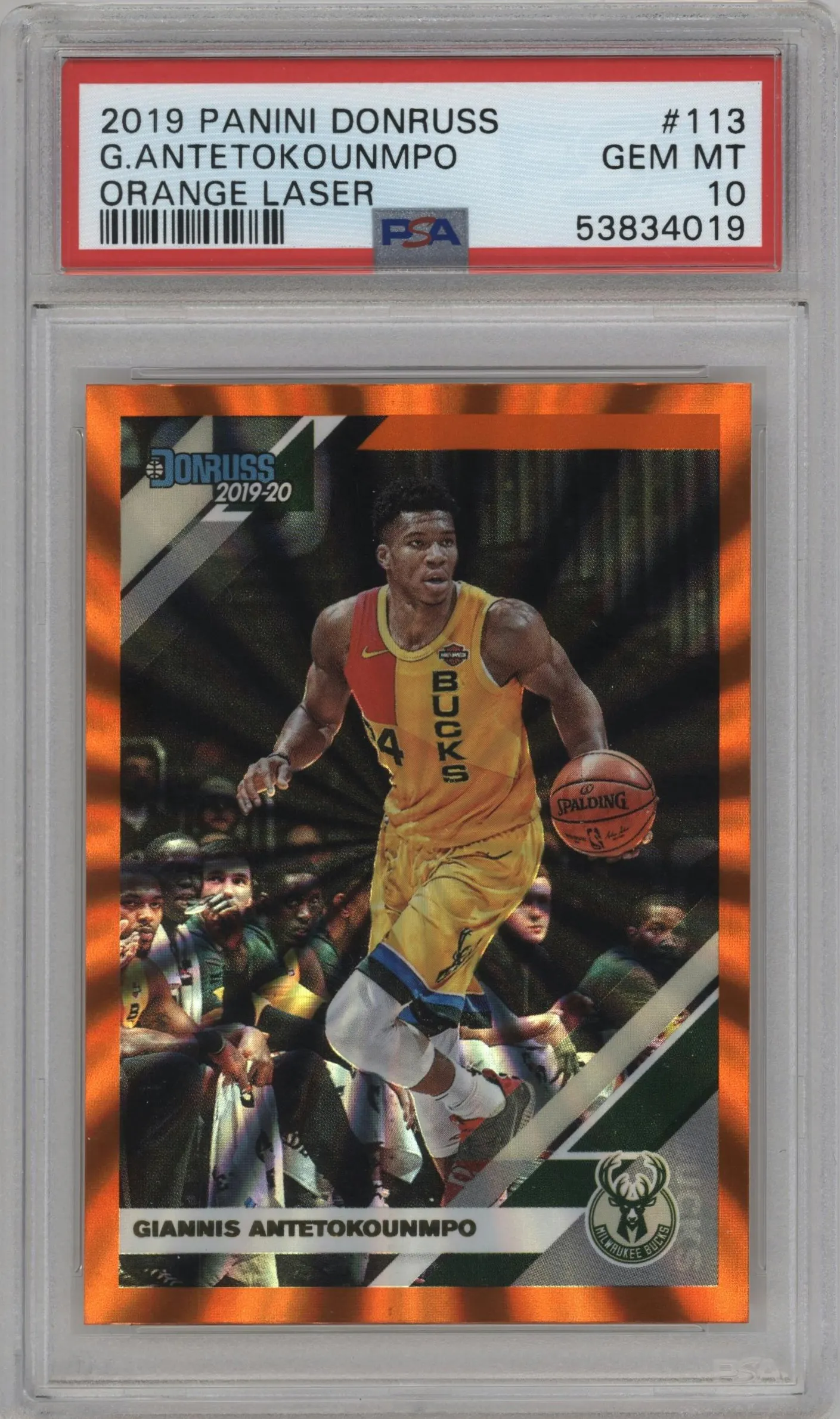 2019 Panini Donruss Giannis Antetokounmpo Orange Laser #113 PSA 10