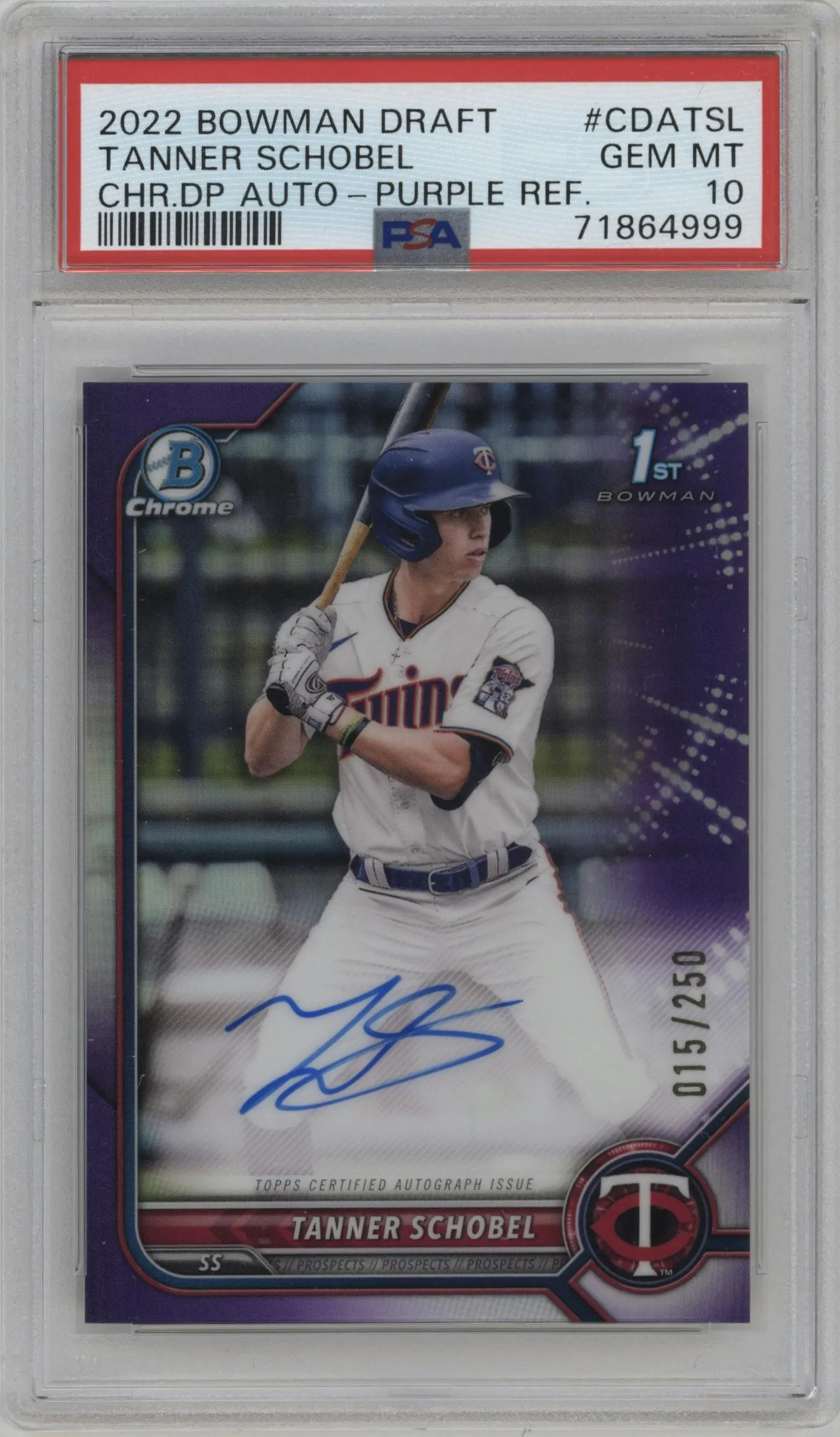 2022 Bowman Draft Chr.DP Auto Tanner Schobel Purple Refractor #CDA-TSL PSA 10