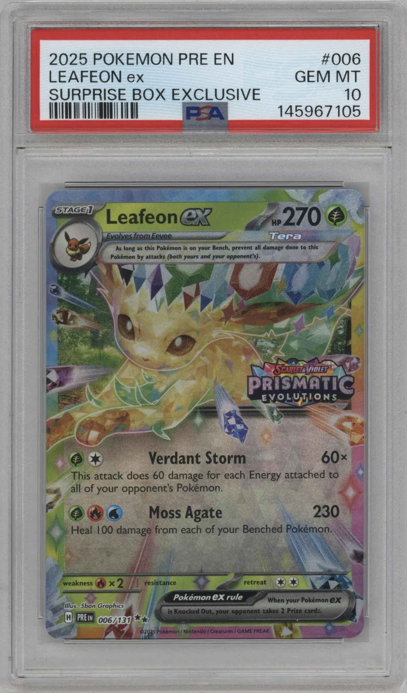 2025 Pokemon SV Prismatic Evolutions Leafeon ex Prismatic Evolutions Surprise Box #006 PSA 10