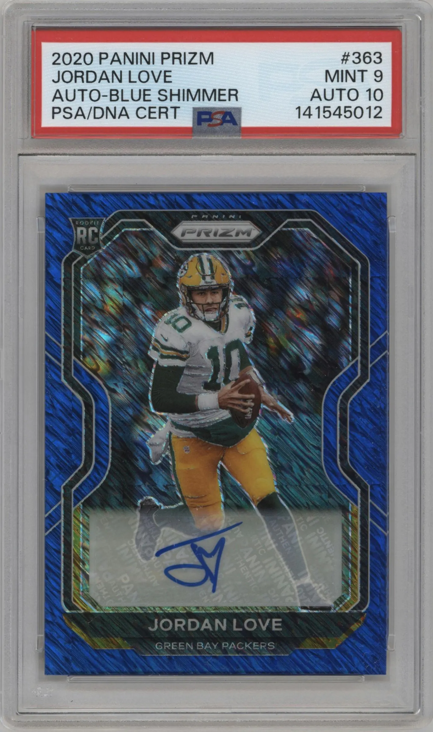 2020 Panini Prizm Rke.Auto Jordan Love Blue Shimmer Prizm #363 PSA 9