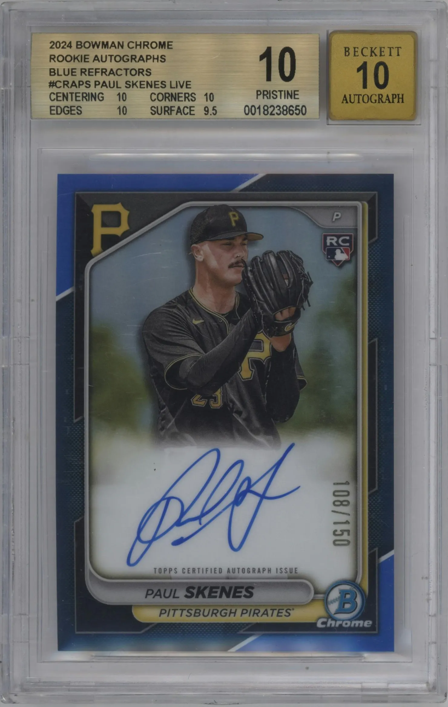 2024 Bowman Chrome Rke.Auto Paul Skenes Blue Refractor #CRA-PS BGS 10