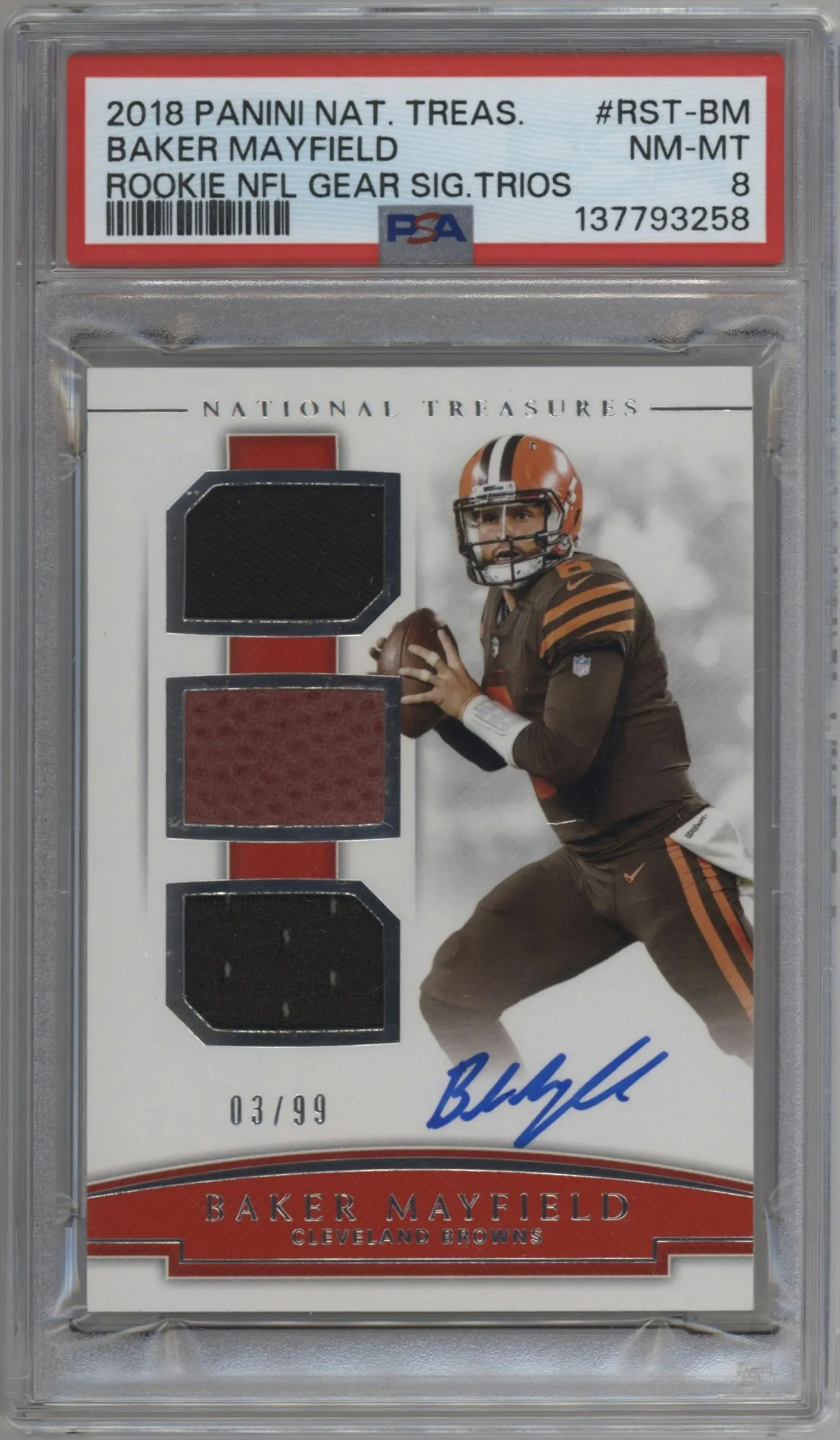 2018 Panini National Treasures Rke.NFL Gr.Sig.Trios Baker Mayfield #RST-BM PSA 8